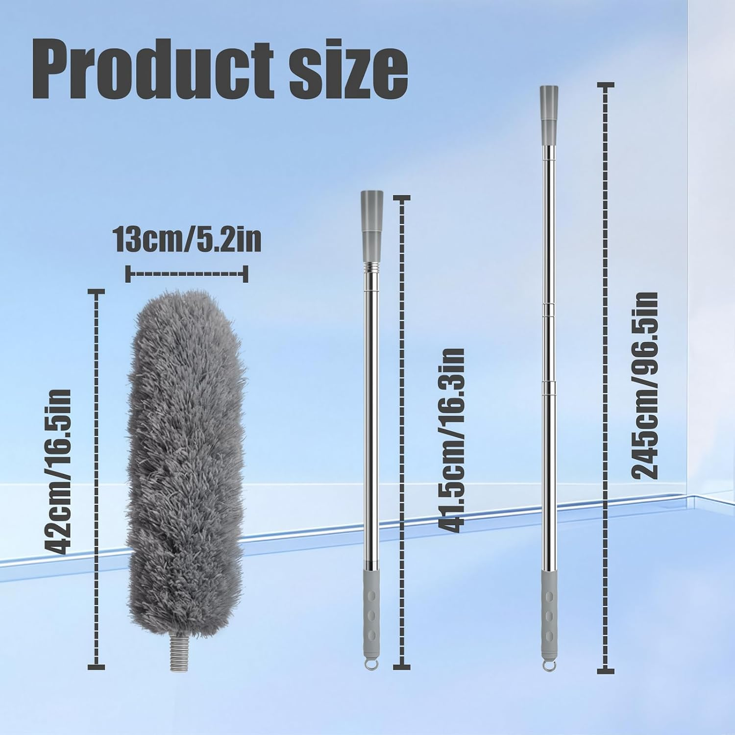 Zikenis Washable Telescopic Duster, Microfibre with Stainless Steel Telescopic Rod, Long Extendable up to 2.45 M, for Ceiling Cobwebs Cleaning, Grey image number 3