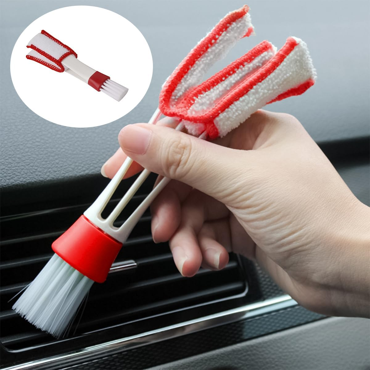 CGEAMDY Pack of 2 Car Cleaning Brushes, Mini Duster for Car Air Vents, Double Head Car Detailing Brushes, Car Interior Detail Brushes, Cleaning Brush for Air Vent (Red White)