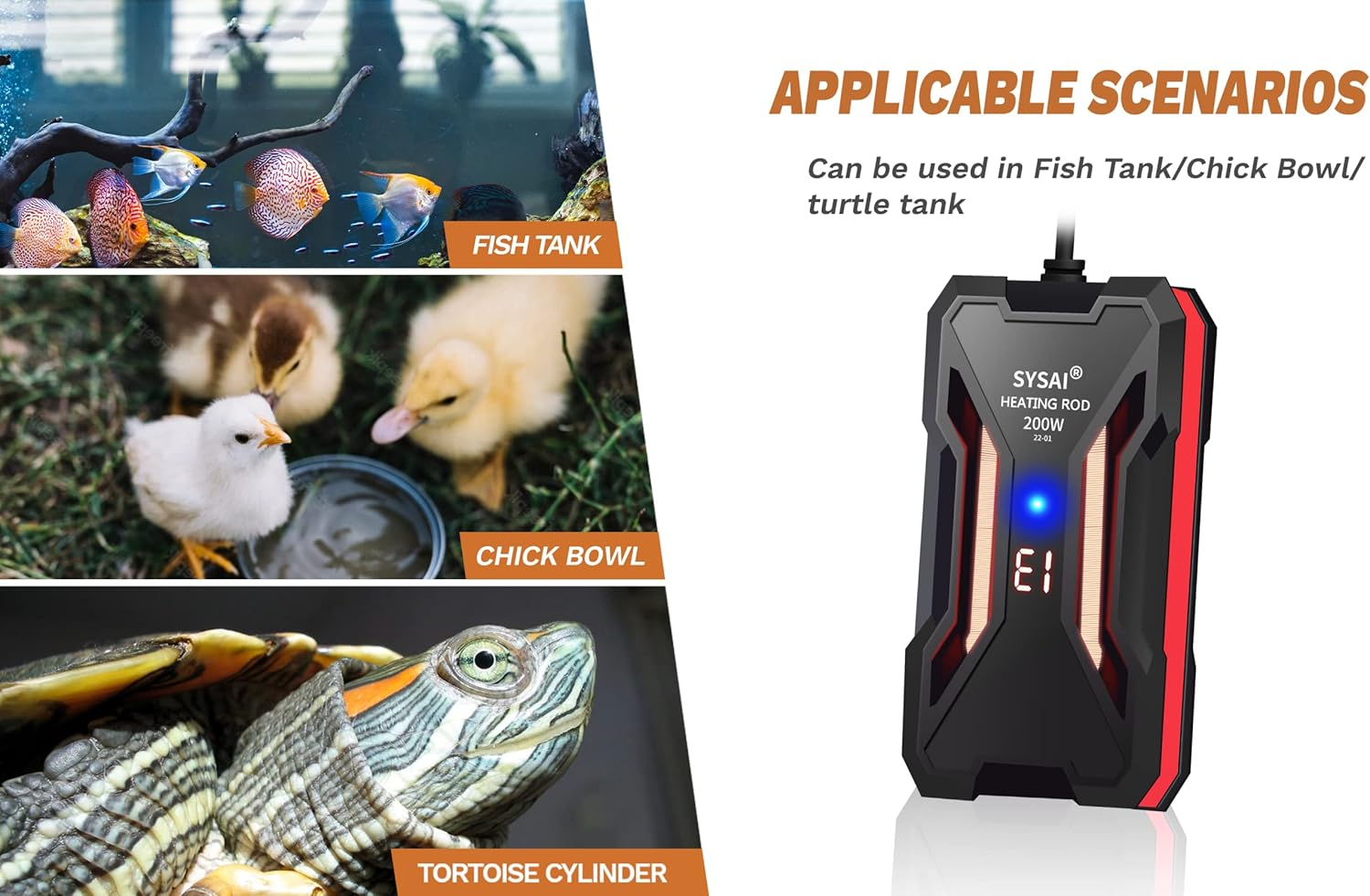 SYSAI Submersible Heater for Aquariums (50W/100W/200W) with LED Temperature Display