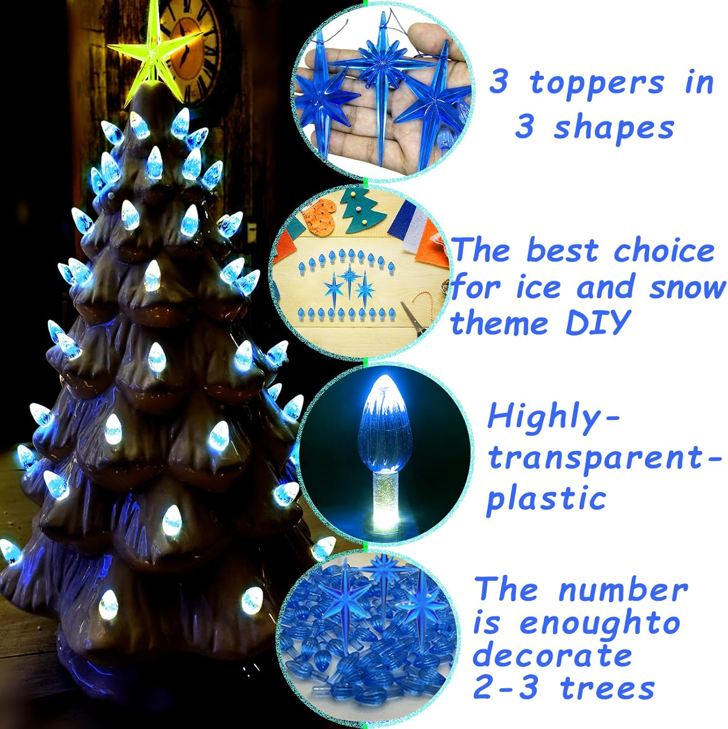 Ceramic Christmas Tree Replacement Lights Bulbs, Klein Blue Medium Twist Plastics Pegs Ornaments for Ceramic Tree(87 Bulbs＆ 3 Topper Star) - Gold image number 2