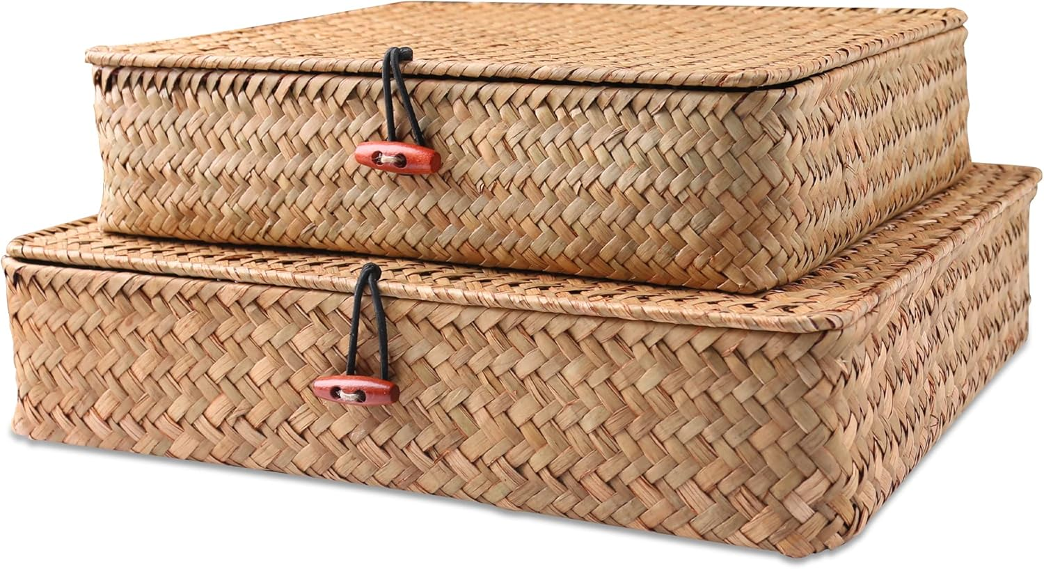 FEILANDUO Shelf Baskets with Lids Wicker Storage Baskets for Shelves Organizing Natural Seagrass Rattan Woven Organizer Boxes Boho Home Decor image number 2