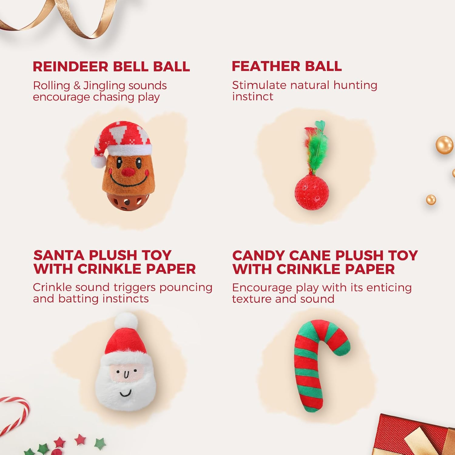 PAWZ Road Christmas Cat Toys 10 Piece Set Plush Santa Candy Cane, Reindeer Bell Ball, Mice & Feathers, Cats & Kittens image number 5
