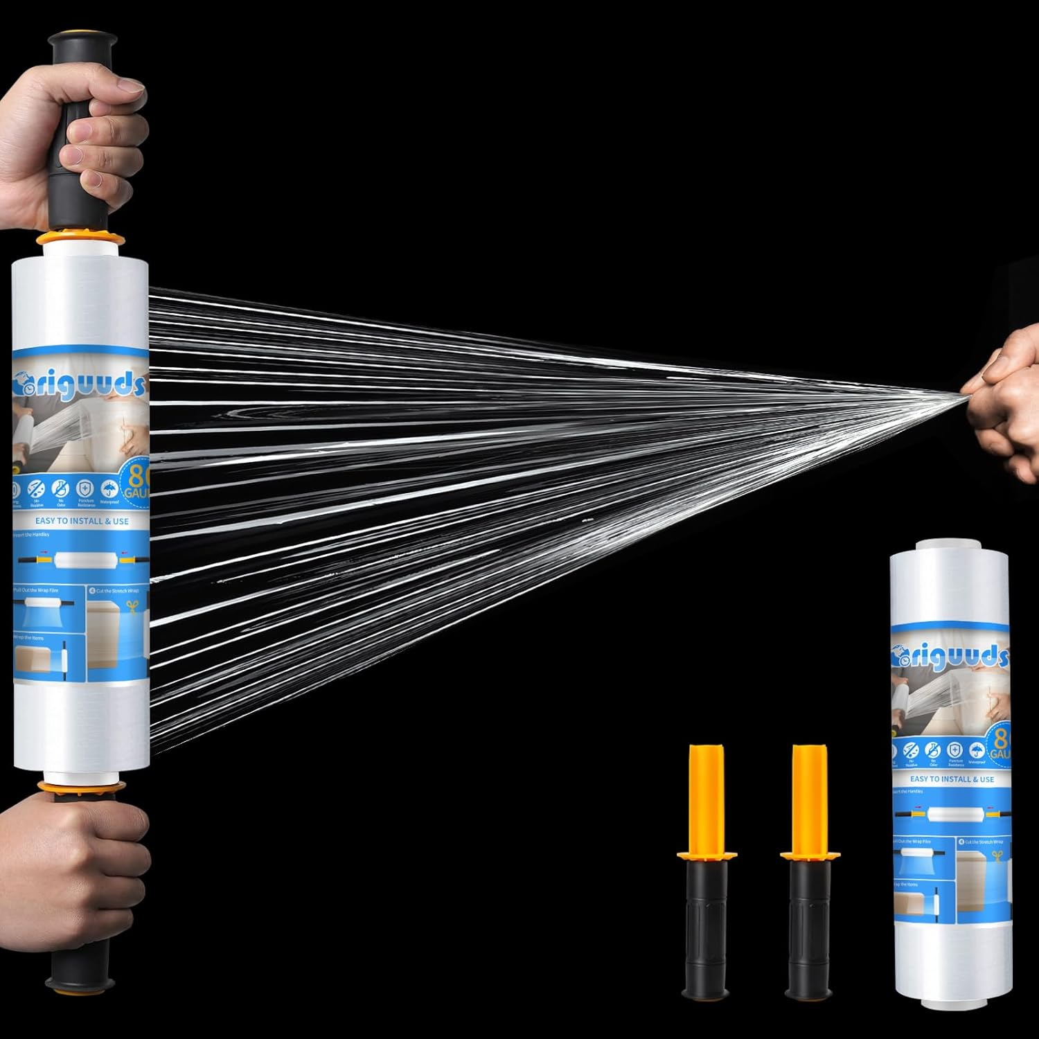 Origuuds Stretch Film, 80 Gauge Stretch Wrap with Handles, Industrial Strength Plastic Wrap for Moving, Pallet Wrap, Packing, Furniture Wrapping, Luggage (Clear/15 Inch X 1000 Feet, 1 Roll) image number 1
