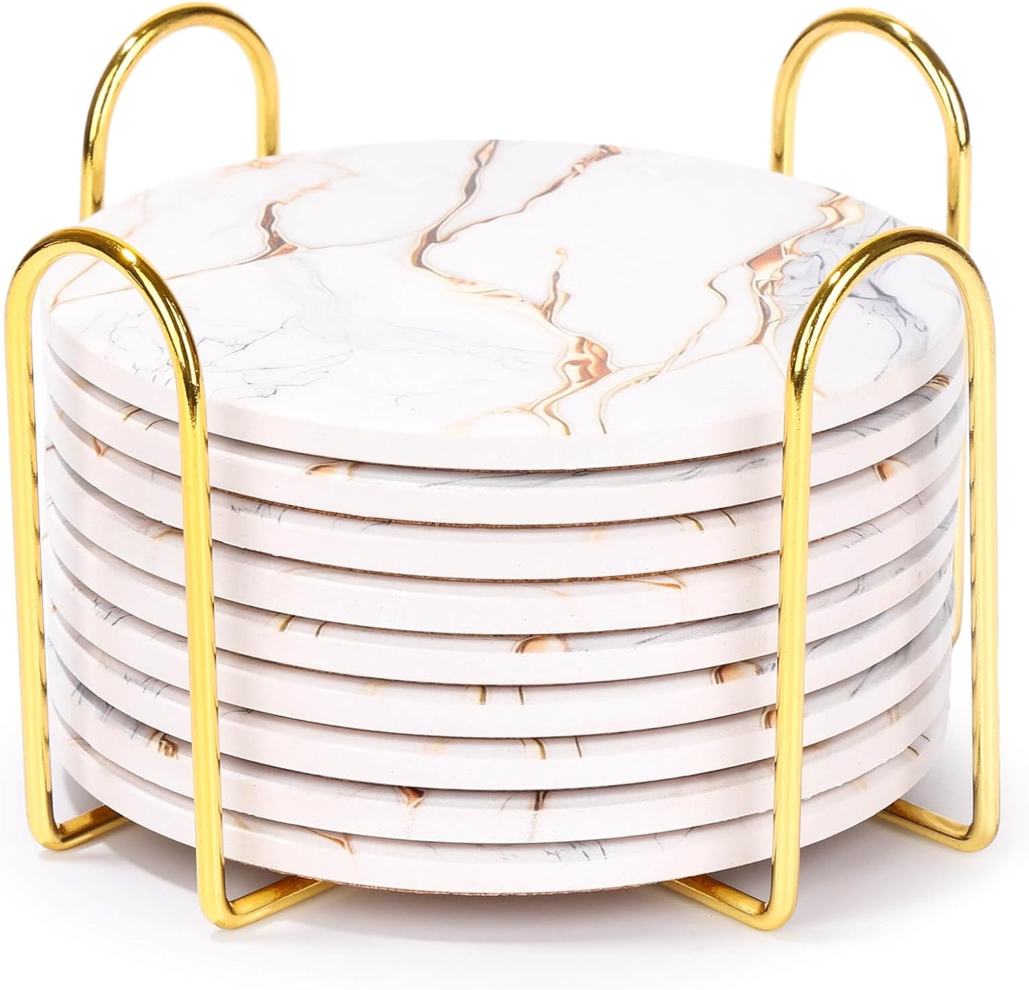 Billbotk 9 Pieces Ceramic Coasters for Drinks with Holder, Absorbent Drink Coasters for Coffee Table, Marble Style Coasters Wooden Table, Suitable for Kinds of Cups, 4 Inches