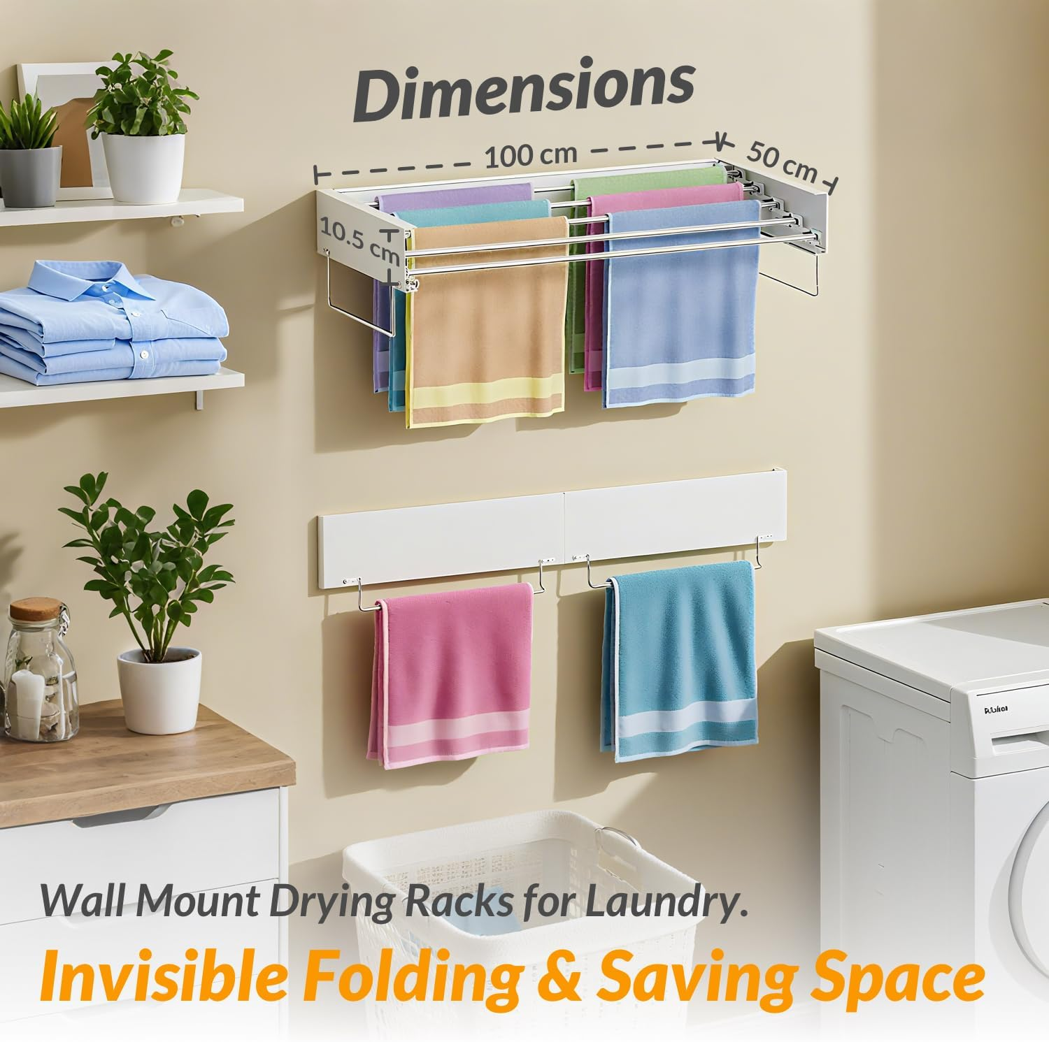 Hormes Wall Mounted Clothes Drying Rack 100CM, Foldable Indoor Clothes Line & Laundry Drying Rack with 5 Stainless Steel Rods, with 2 Towel Handles & Wall Template, 50KG Capacity for Indoor & Outdoor image number 3