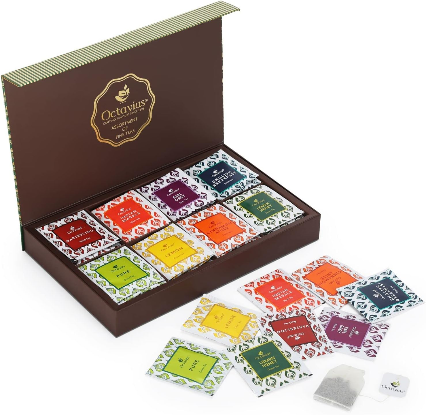 Octavius, Assorted Tea Sampler Gift Set (8 Flavors, 48 Tea Bags) | Black & Green Tea Sampler Pack | Tea Gift Set | Pack of 1 image number 2