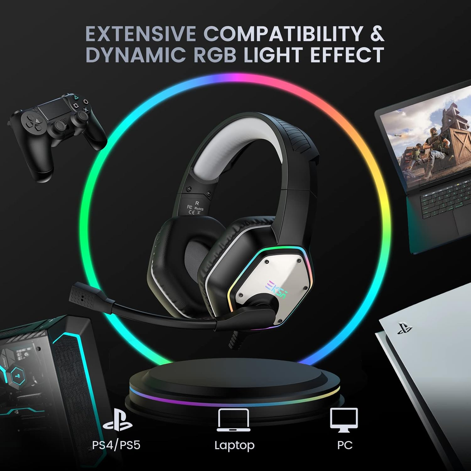 EKSA E1000 USB Gaming Headset for PC - over Ear Headphones with Cable, Nosie Cancelling Mic, Surround Sound, RGB Lighting - Gaming Headphones with Microphone for PS4/PS5 Console, Laptop image number 4