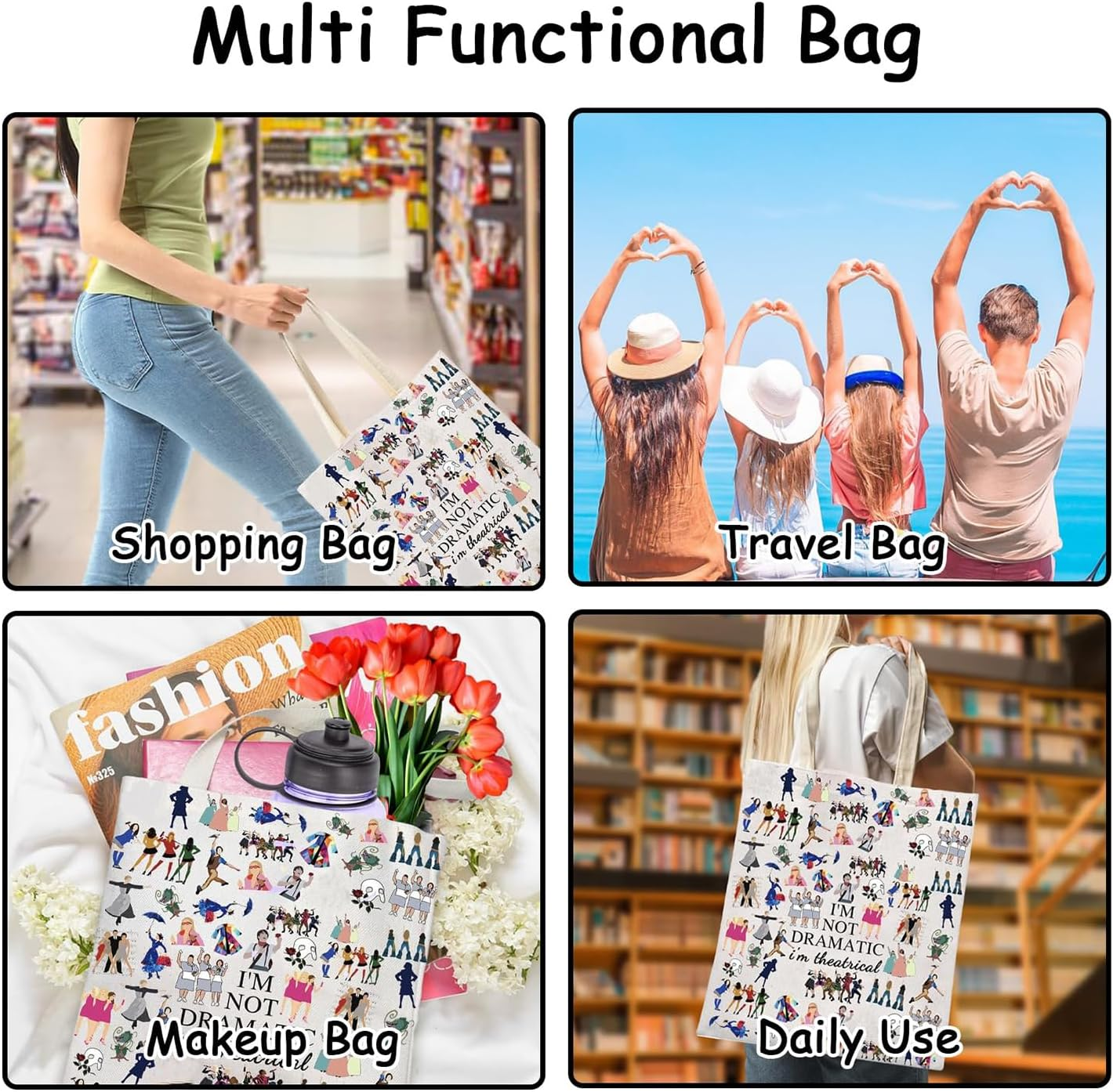 Broadway Character Musical Tote Bag Theatre Cosmetic Bag Theatre Fans Gift I'M Not Dramatic I'M Theatrical Musical Makeup Pouch Broadway Musical Theatre Gift Tote, Beige, Fashion image number 6