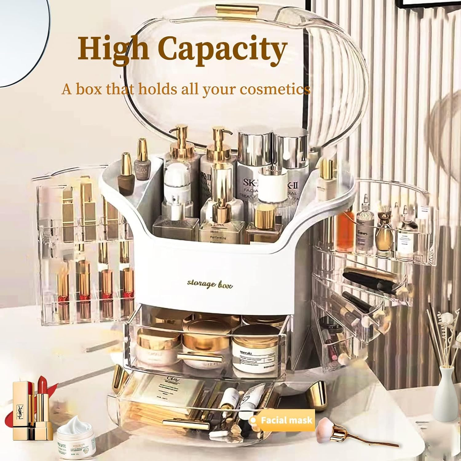 MOTYYA Makeup Organizer and Storage, Cosmetics Organizer Box for Countertop with Lid & Drawers, Cosmetics Skincare Organizers Box with Waterproof & Dustproof Cover for Bedroom image number 3