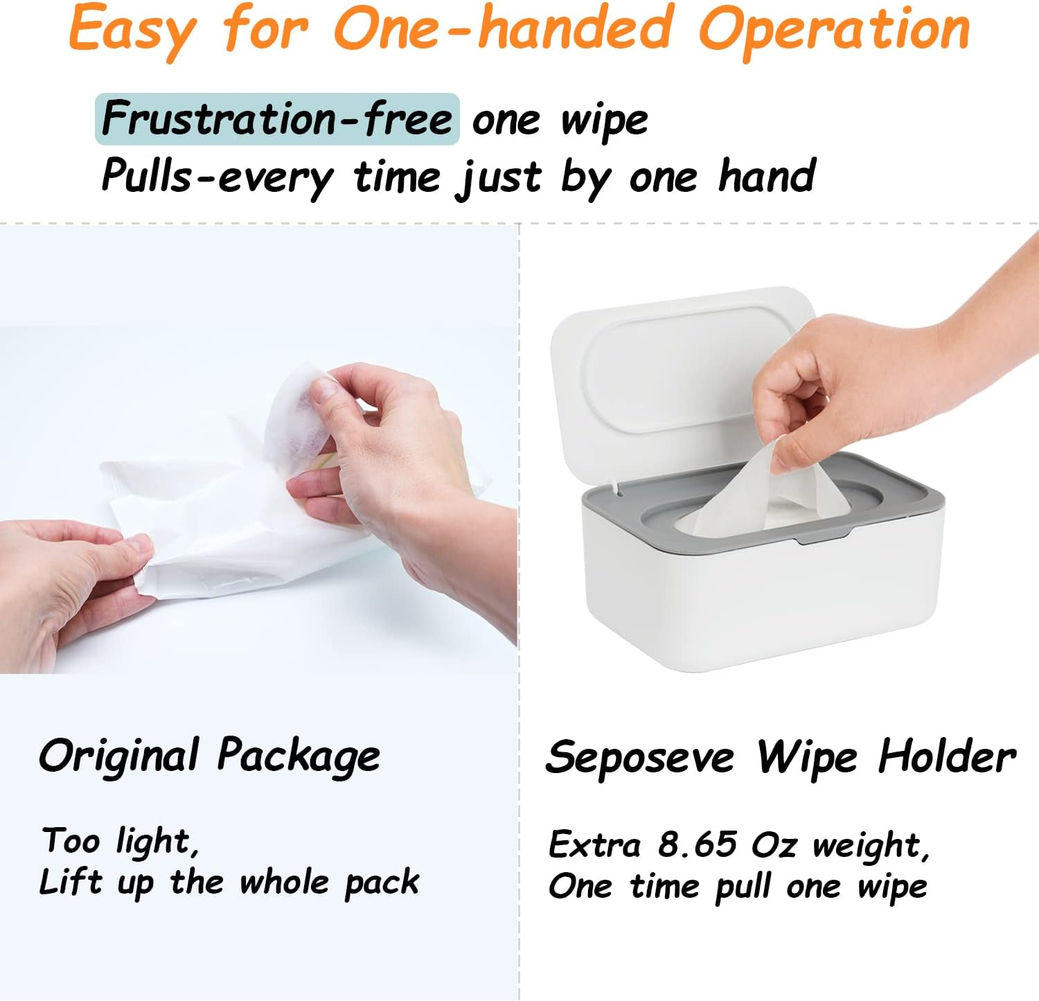 Seposeve Wipes Dispenser, Wipe Holder for Baby & Adult, Refillable Wipe Container, Keeps Wipes Fresh, One-Handed Operation. Non-Slip, Easy Open/Close Wipes Pouch Case, Grey, 0.25 Kilograms - 2 Orange image number 7