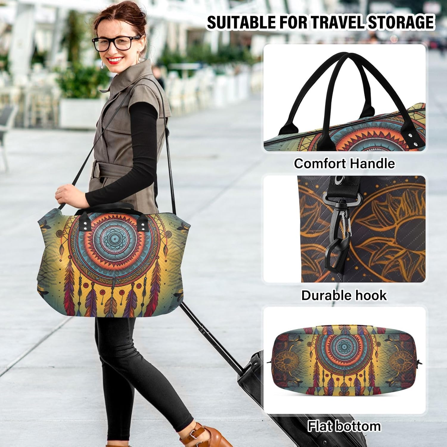 XYMZR Large Travel Duffel Bag, Dreamcatcher Sports Tote Gym Bag, Shoulder Weekender Overnight Bag for Women Men, Carry on Luggage with Toiletry Bags, Multi-Colored, Multi-Colored image number 4