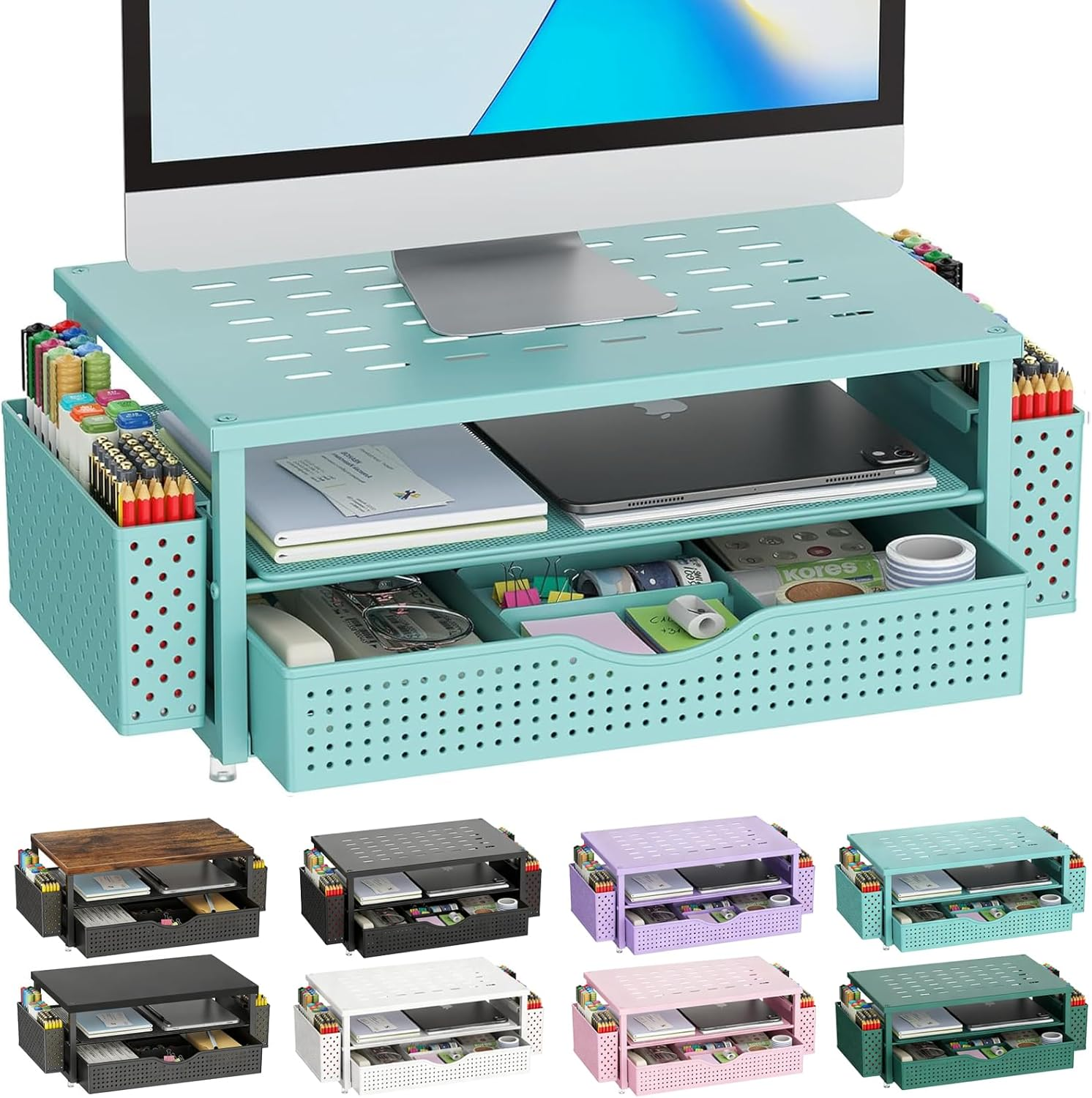 Gianotter Monitor Stand Riser, Desk Organizer with Drawer and Pen Holder, 2-Tier Computer Stand, Desk Accessories & Workspace Organizers(White)