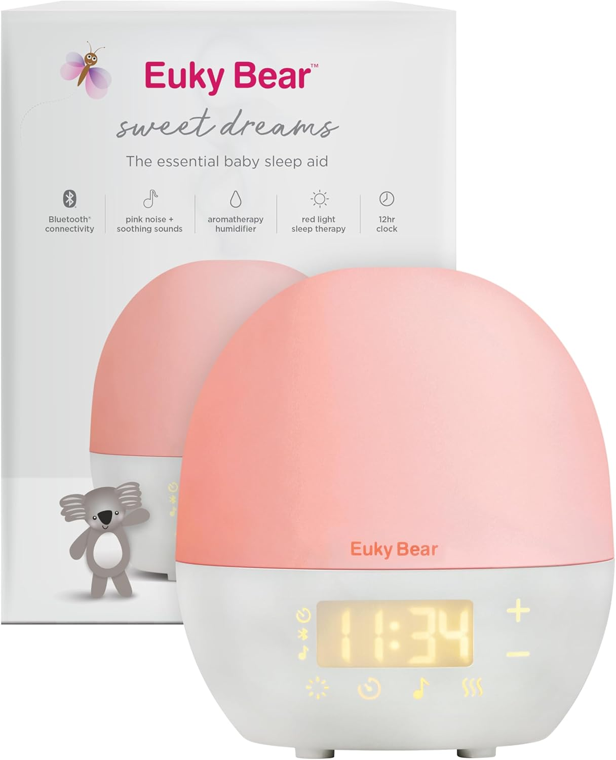 Euky Bear Sweet Dreams Sleep Aid, 8 Rotating Colours, Pink Noise + Soothing Sounds, Aromatherapy Humidifier, Red Light Sleep Therapy