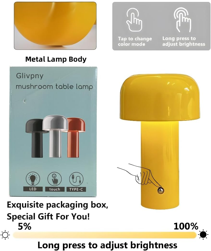 JX-003 Modern Mushroom-Shaped Table Lamp with Portable Touch Dimmer, Rechargeable LED Night Light with 3 Brightness Levels, Bedside Lamp for Indoor or Outdoor Use, image number 1
