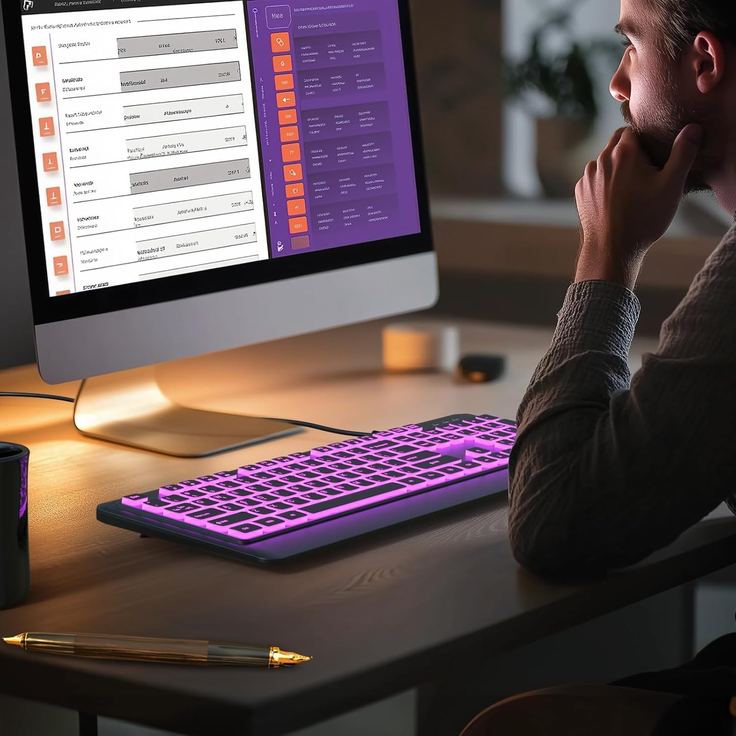 BERGUF Quiet Keyboard - 7 Interchangeable Backlight Colors, Light up USB Wired Computer Keyboards, USB Plug-And-Play, Foldable Stands, Corded Full Size Keyboard for Windows, PC, Laptop (Medium) image number 2