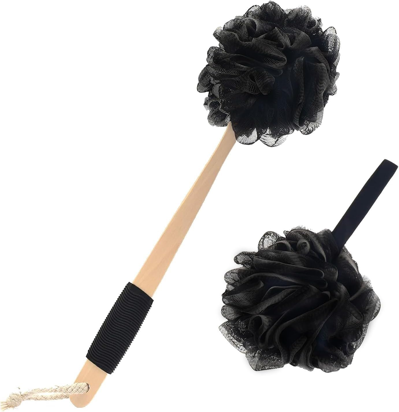 Bamboo Charcoal Infused Back Scrubber - Loofah with Handle | Exfoliating Shower Loofah for Men & Women - Features 1 Loofah on a Stick, 1 Loofa Pouf (Black, One Size) image number 3