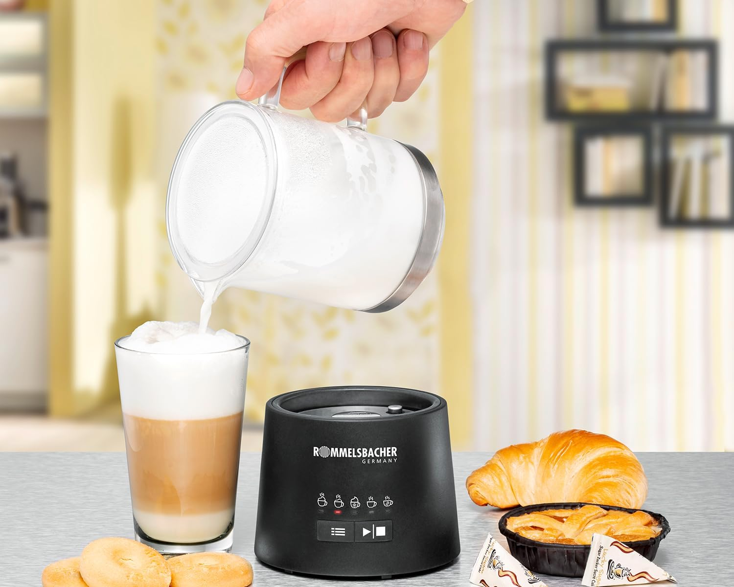 ROMMELSBACHER MS 625 Electric Milk Frother, 500 Ml for Mixing, Glass Jug, 250 Ml for Foaming, 5 Programmes, Hot & Cold Foam or Stir image number 2