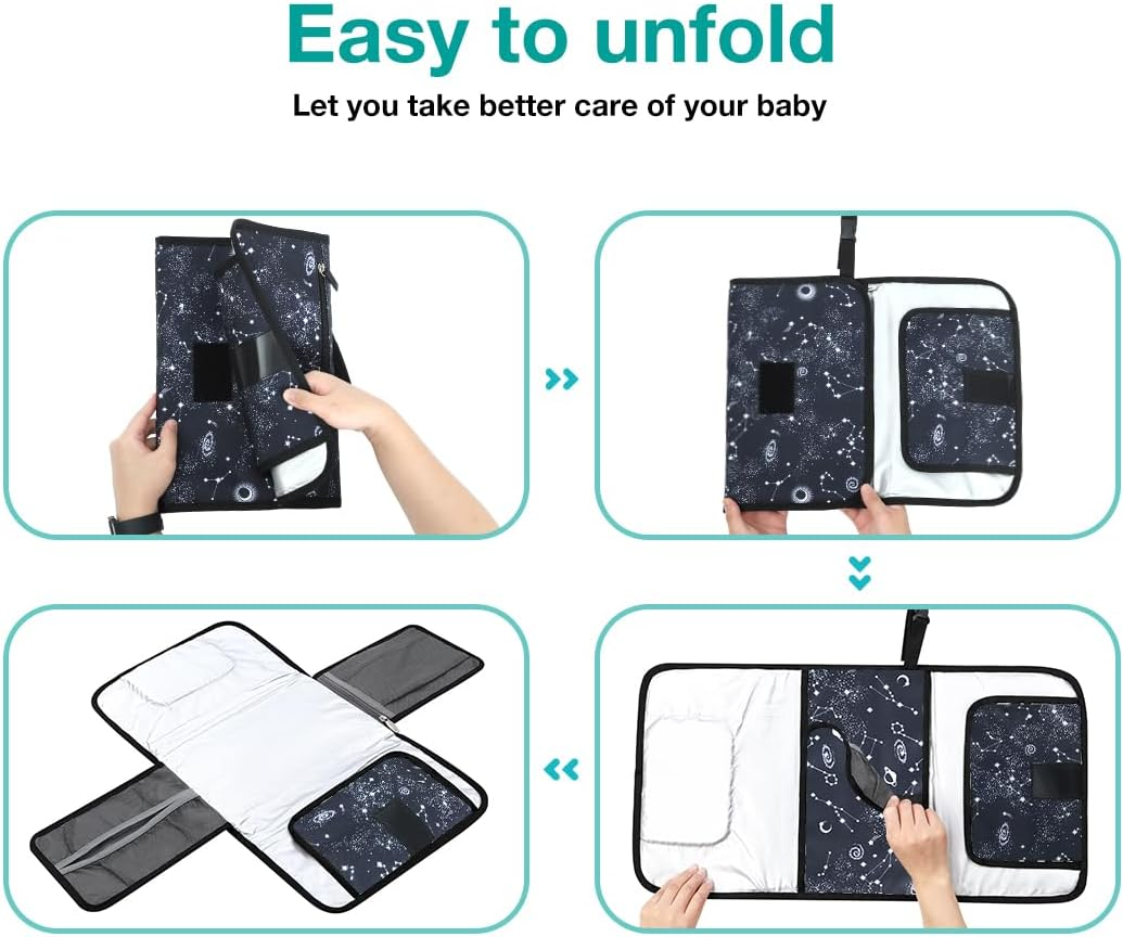 Lekebobor Portable Baby Changing Pad, Foldable Waterproof Diaper Changing Pad for Travel Baby Change Mat with Wipe-Pocket and Head Cushion, Galaxy image number 6