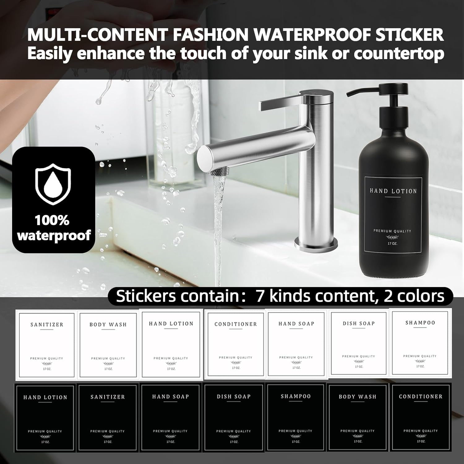 Black Soap Dispenser - Kitchen Hand Dish Soap Dispenser, Glass Bathroom Soap Lotion Dispenser with Tray, Dishwashing Liquid Dispenser, 14 Stickers, Black Bottle/Black Pump-Pd - Black Bottle/Black Pump image number 2