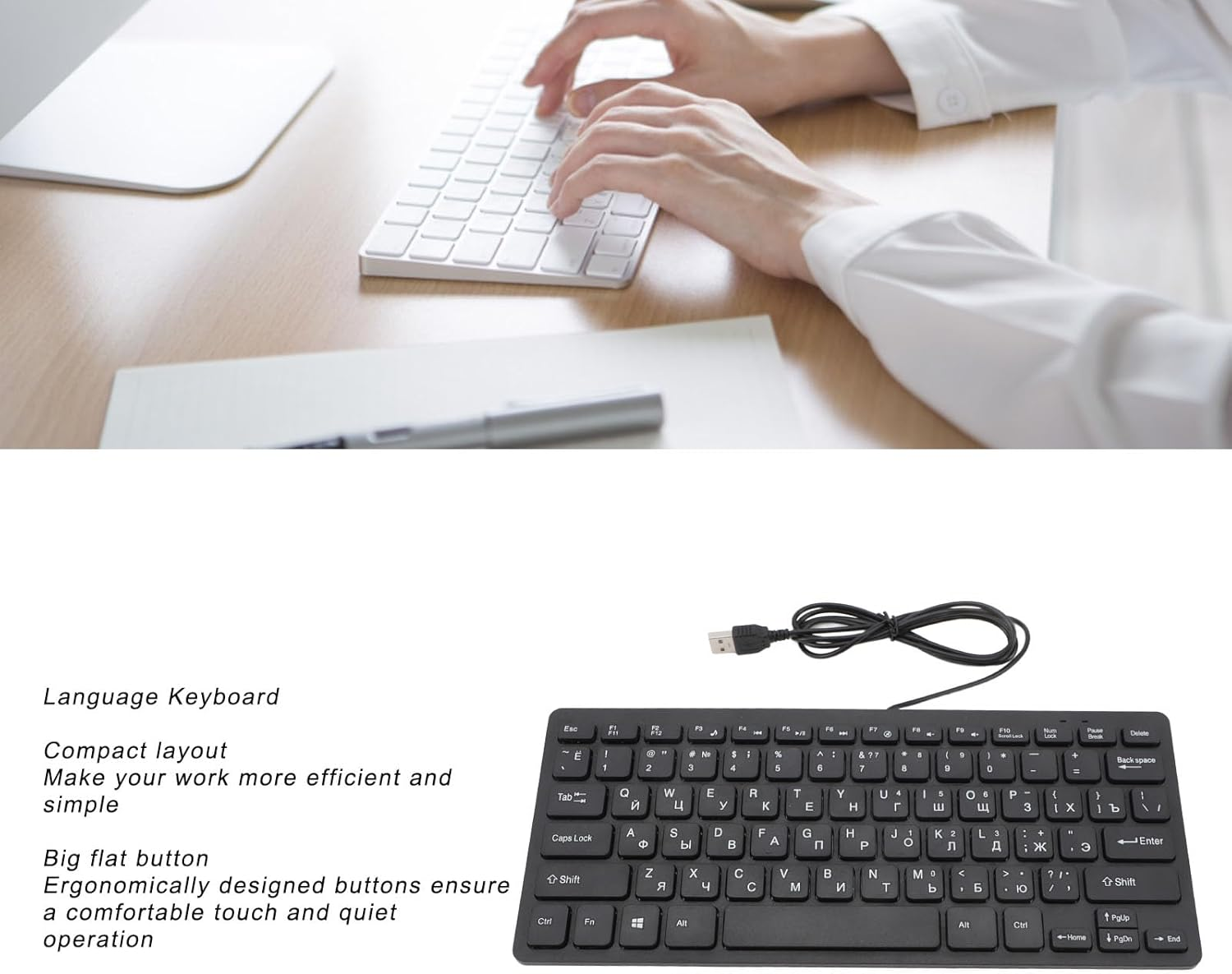 Ultra Slim Russian/Arabic English Bilingual Language Keyboard, 78 Key USB Wired with Scissor Switches, Plug and Play for Desktop PC (Russian) image number 1