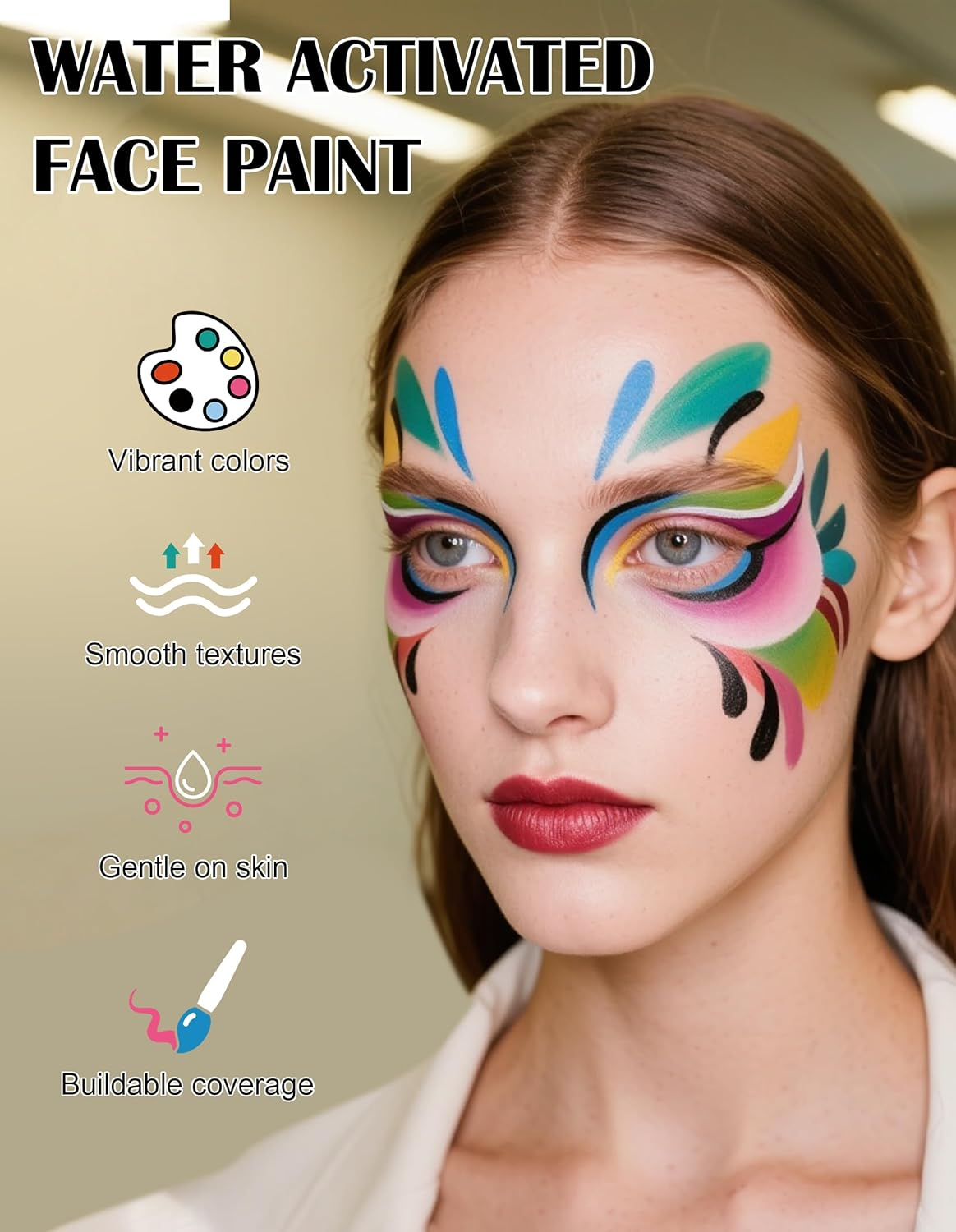 Erinde Professional Face Body Paint Palette, 10 Colors Vibrant Safe for Adults, Water-Based Highly Pigmented Makeup Kit for Halloween, Cosplay, Festivals, Long Lasting Easy Wash off 2# image number 3