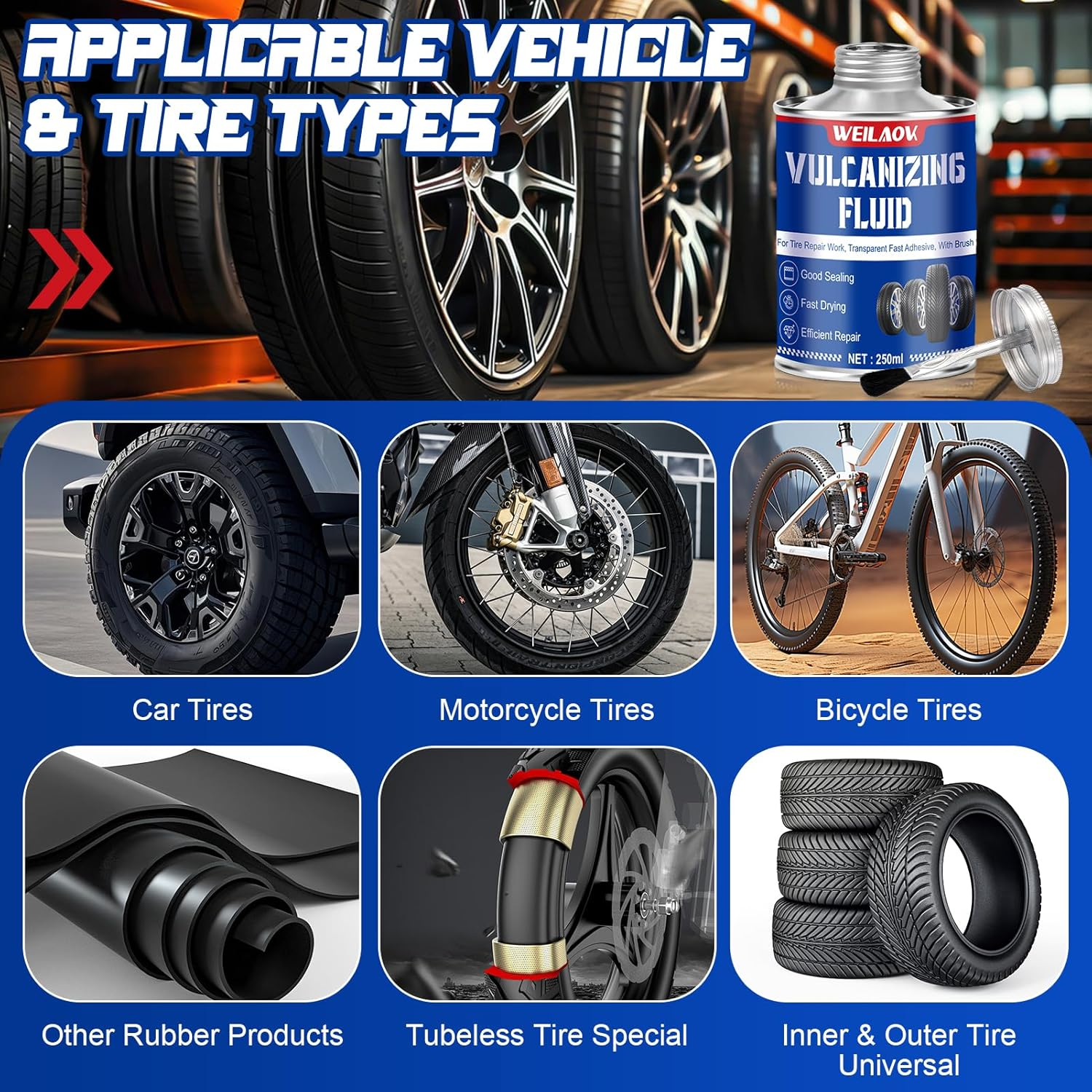 WEILAOK Vulcanising Liquid, Rubber Adhesive with Brush, Tyre Adhesive, Suitable for Quick Repair of Leaks or Cracks on All Tyre Types, 250 Ml image number 2