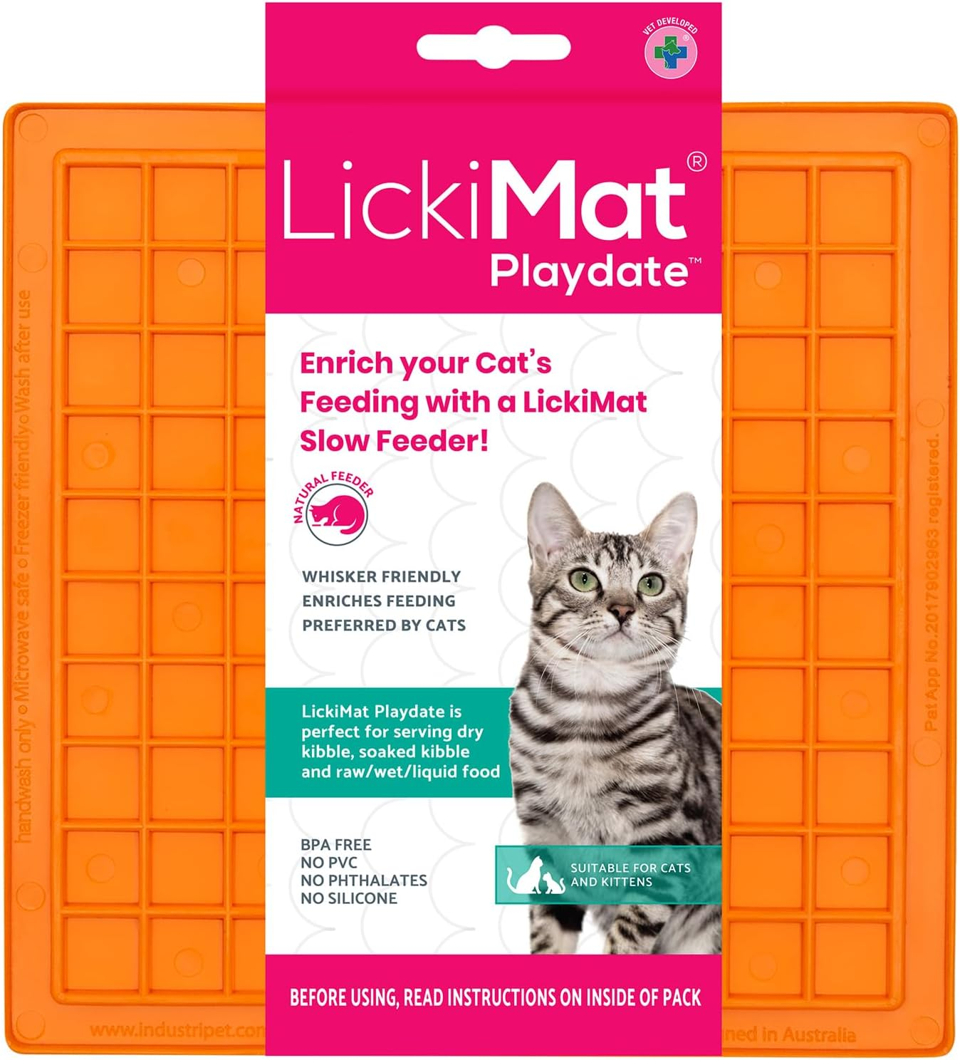 Lickimat Classic Playdate, Cat Slow Feeder for Feline Boredom and Anxiety Reduction; Perfect for Food, Treats, Yogurt, or Peanut Butter. Fun Alternative to a Slow Feed Cat Bowl or Dish, Purple image number 6