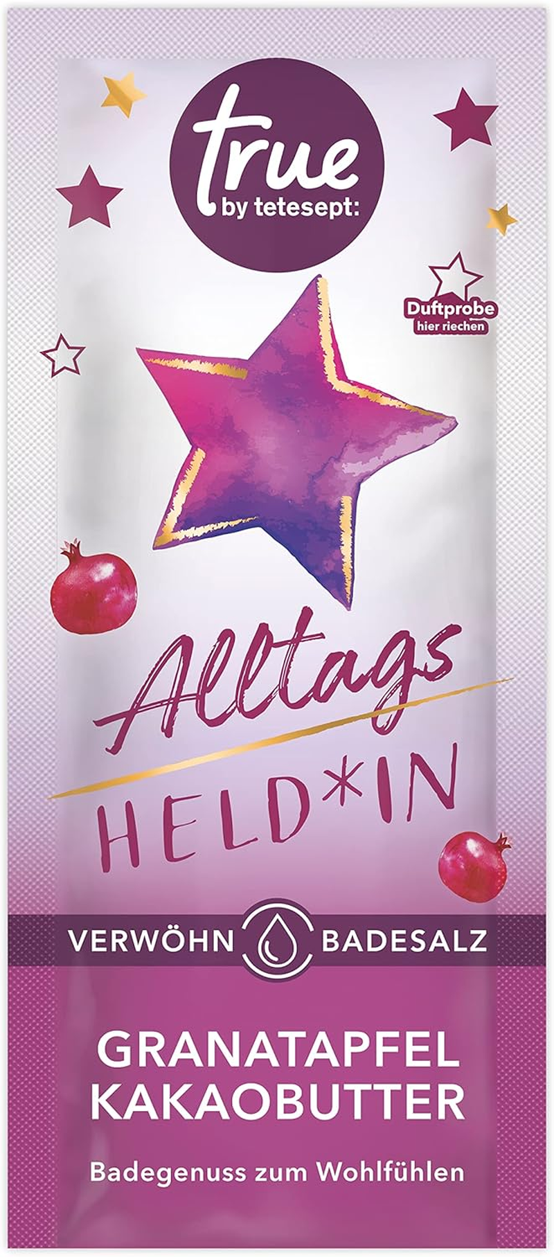 True by Tetesept Everyday Hero Pampering Bath Salt, Vegan Bath Additive Smells of Pomegranate and Cocoa Butter, Soothing Bath Enjoyment with Care Formula, 1 X 50 G