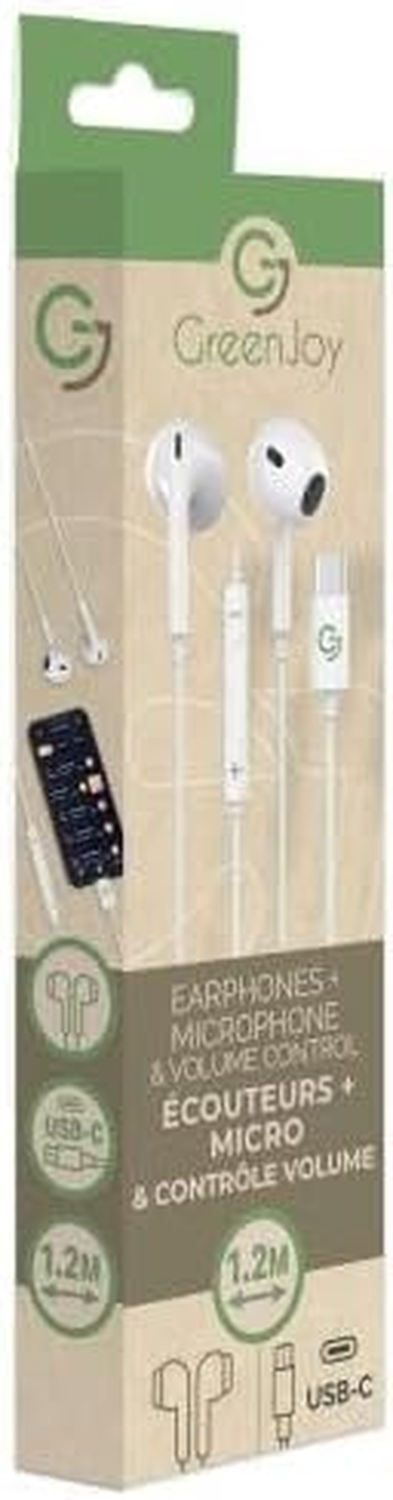 Green Joy 1.2M White Headphone + Microphone & Volume Control Type-C Cable