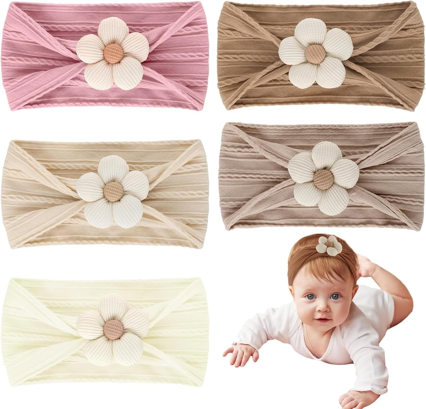 5 Pcs Baby Flower Headbands, Soft Nylon Baby Girl Headbands Flower Hair Accessories for Newborns Infant Toddler image number 5