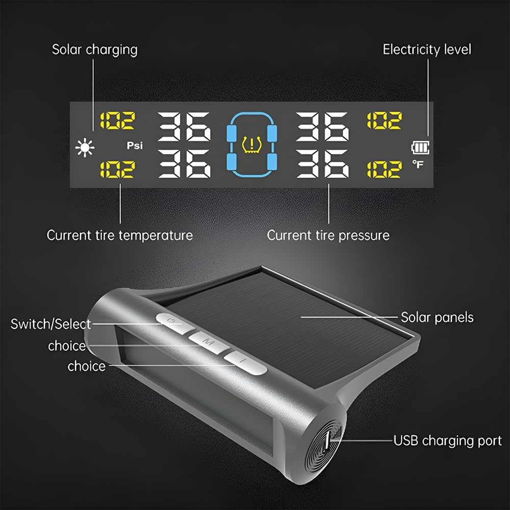 Tyre Pressure Monitoring System, Tire Pressure Monitor Installed on Windowshield with 4 Tire Sensors, Tire Pressure Monitor, Tire Pressure Monitoring System Wireless Solar for RV, Sedan, SUV image number 2