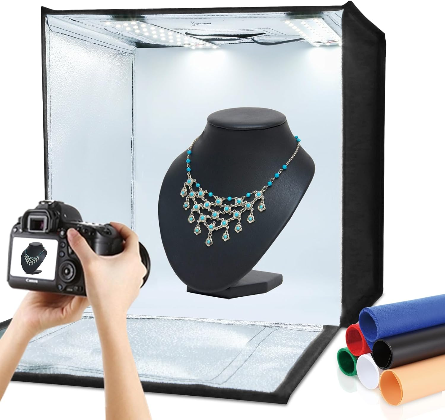 Portable Photo Studio Light Box, PULUZ 16"X16" Professional Dimmable Shooting Tent Kit with 160 Leds Lights & 6 Kinds Double-Sided Color Backgrounds for Product Photography