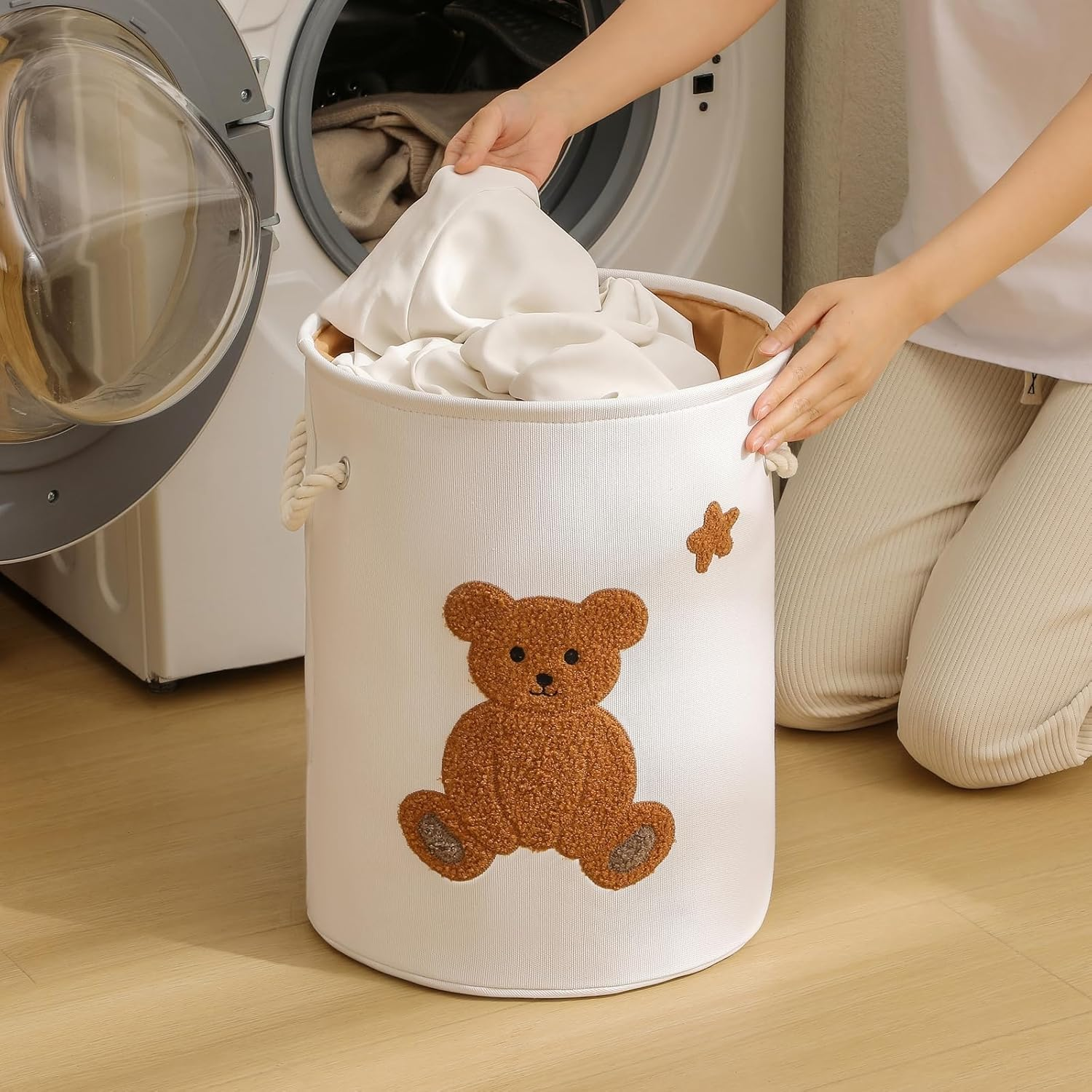 Kids Laundry Basket Nursery Hamper Baby Laundry Basket Stuffed Animal Toys Storage Baskets for Toddler Room Decor, Dirty Clothes Hampers with Drawstring Closure for Bedroom/Living Room/Nursery, Bear image number 4