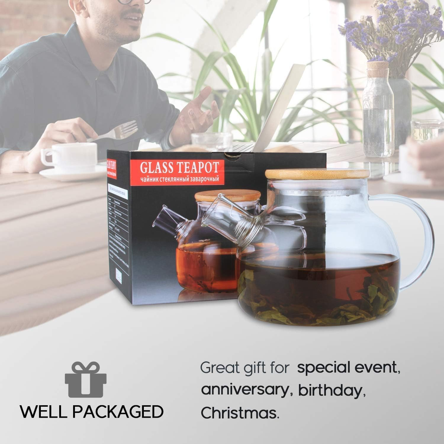 Cnglass Glass Teapot Stovetop Safe,30.4Oz/900Ml Clear Teapots with Removable Filter Spout,Teapot for Loose Leaf and Blooming Tea image number 2