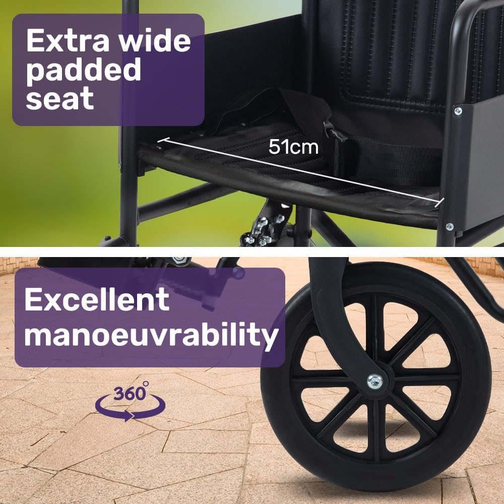 "Equipmed Folding Transit Manual Wheelchair, Attendant Propelled, Steel Frame, Wide Seat, Comfortable for S-XL, 114Kg Capacity, Park Brakes, Transport" image number 3