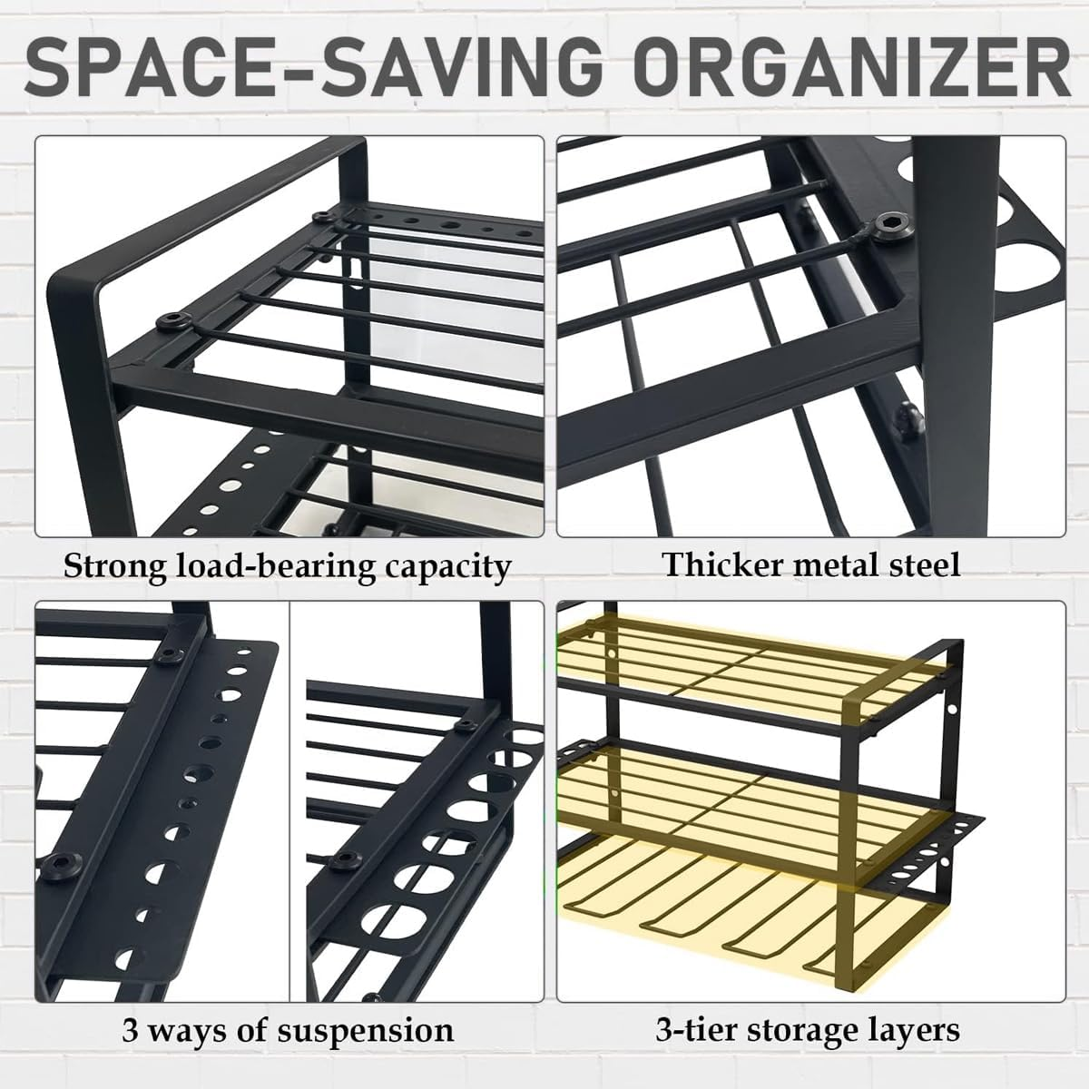 AIMALL Heavy Duty Power Tool Rack Organizer &ndash; Wall Mount Drill Holder with 3 Layer Storage, Durable Iron Construction, Black, 16.54 X 7.87 X 9.45 Inches image number 6