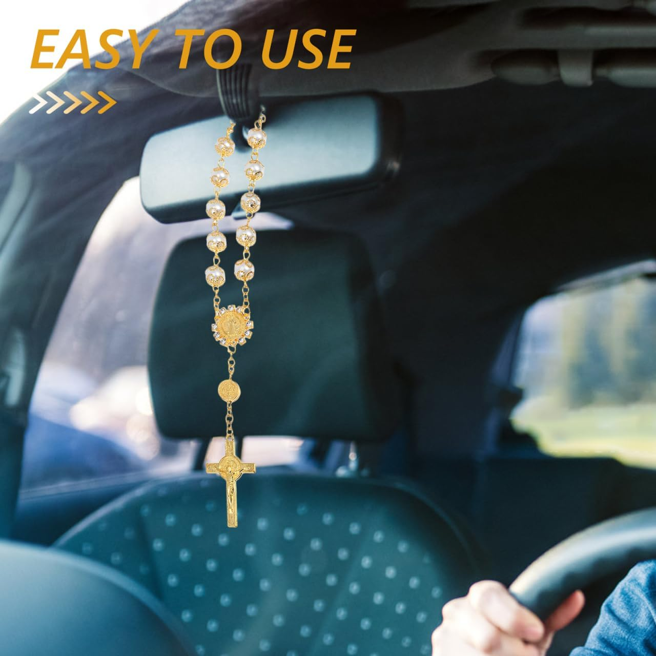 Iplusmile Imitation Pearl Hanger with Cross Pendant and Beaded Bracelet Car Ornament for Rearview Mirror Stylish 7.1X3.5 Inch Decorative Car Accessories