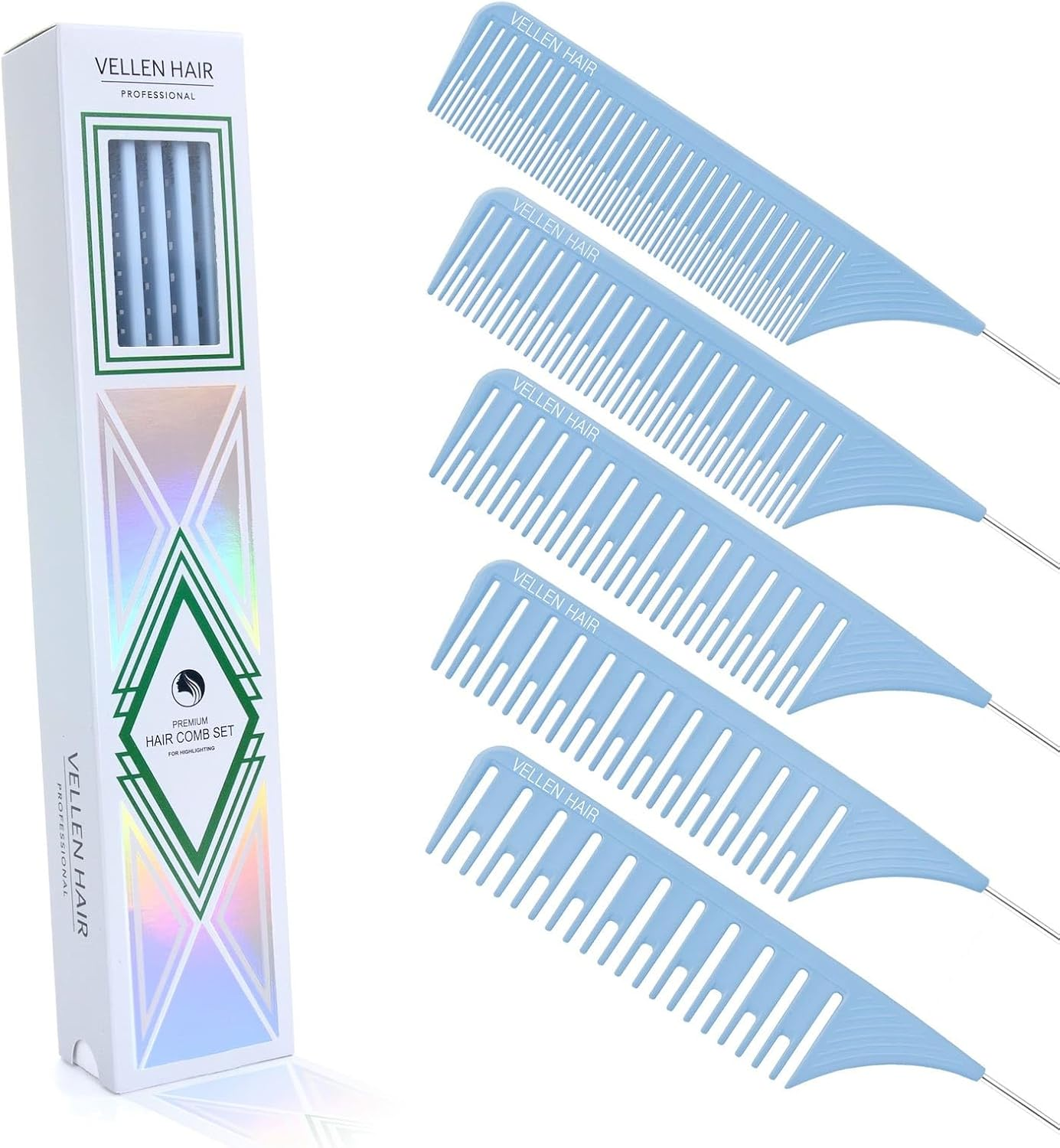 Vellen Professional Hair Highlighting Comb Set &ndash; 5 Sizes for Balayage & Foiling &ndash; Heat Resistant PEI Plastic (220&deg;C) &ndash; Anti-Static, Durable, Chemical Resistant &ndash; Includes Extra Long Stainless Steel Needle &ndash; Stylist & Salon Grade (Mint/Blue, 5Pcs)