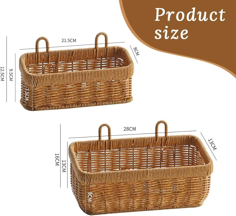 2 Pack Wall Hanging Basket, Imitation Rattan Woven Storage Rack,Storage for Fruits, Snacks, Sundries, Seasonings, Flowers,For Indoor Outdoor Wall, Home Room, Garden, Wedding Decoration image number 5