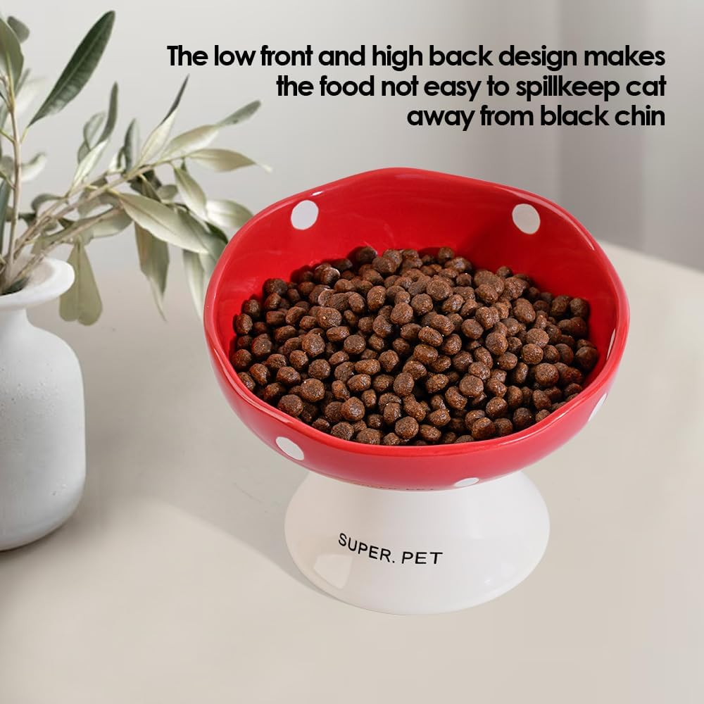 Ceramic Elevated Cat Bowls, Tilted Raised Pet Dish anti Vomit Kitten Bowl for Indoor Cats, Whisker Friendly Pet Food and Water Bowl for Kitten, Cat, Puppies, Dishwasher Safe (Red)