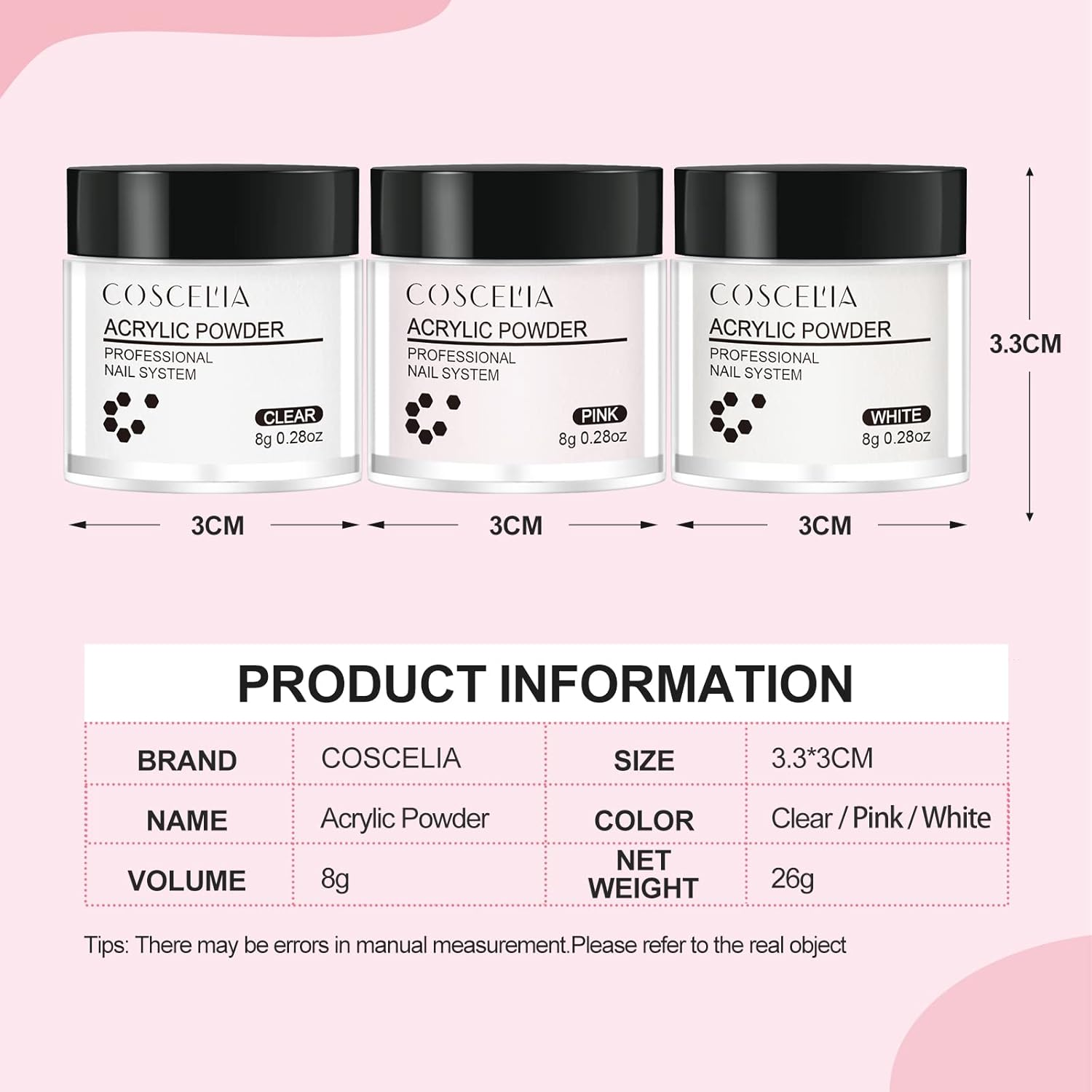 COSCELIA Acrylic Nail Kit 3 Colors Clear Pink White Acrylic Nail Powder for Beginners Professional Nail Brush Manicure Tools for Home Salon Nail Art Design image number 5