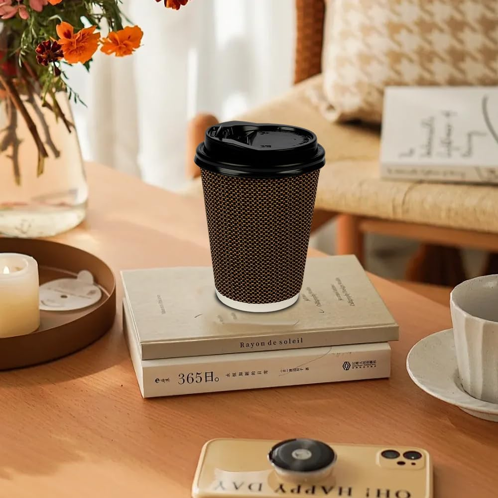 Okam Disposable Coffee Cups with Lids 12Oz (380Ml) - 100 Sets - Corrugated Ripple Wall Paper Cups - for Takeaway Coffee/Hot Chocolate - 3-Layered Wall for Hot/Cold Drinks - Coffee Shop Bulk Buy