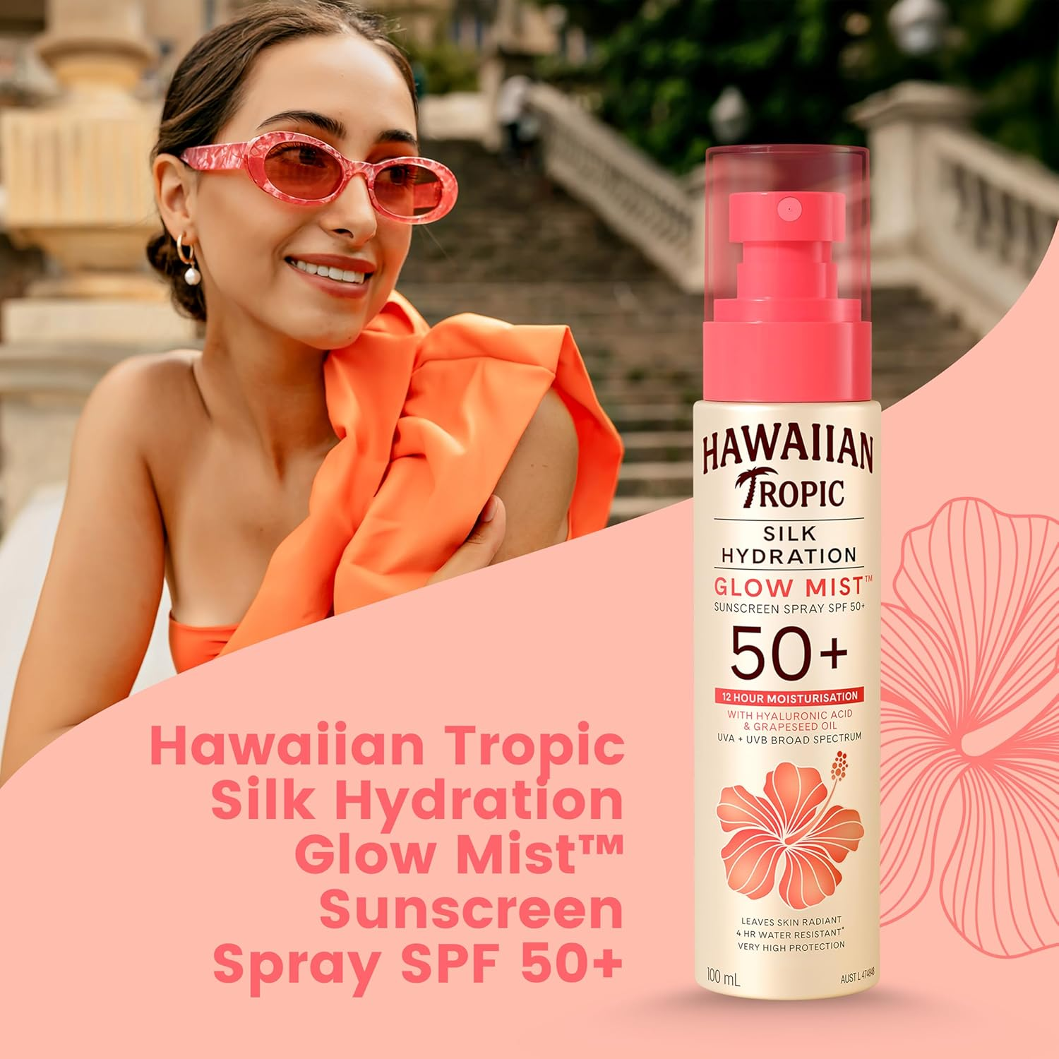 Hawaiian Tropic Silk Hydration Glow Mist&trade; Sunscreen Spray SPF 50+, Hyaluronic Acid & Grapeseed Oil, Invisible & Lightweight, Delicate Clear Mist, 12 Hour Moisturisation, 4-Hour Water Resistant image number 1