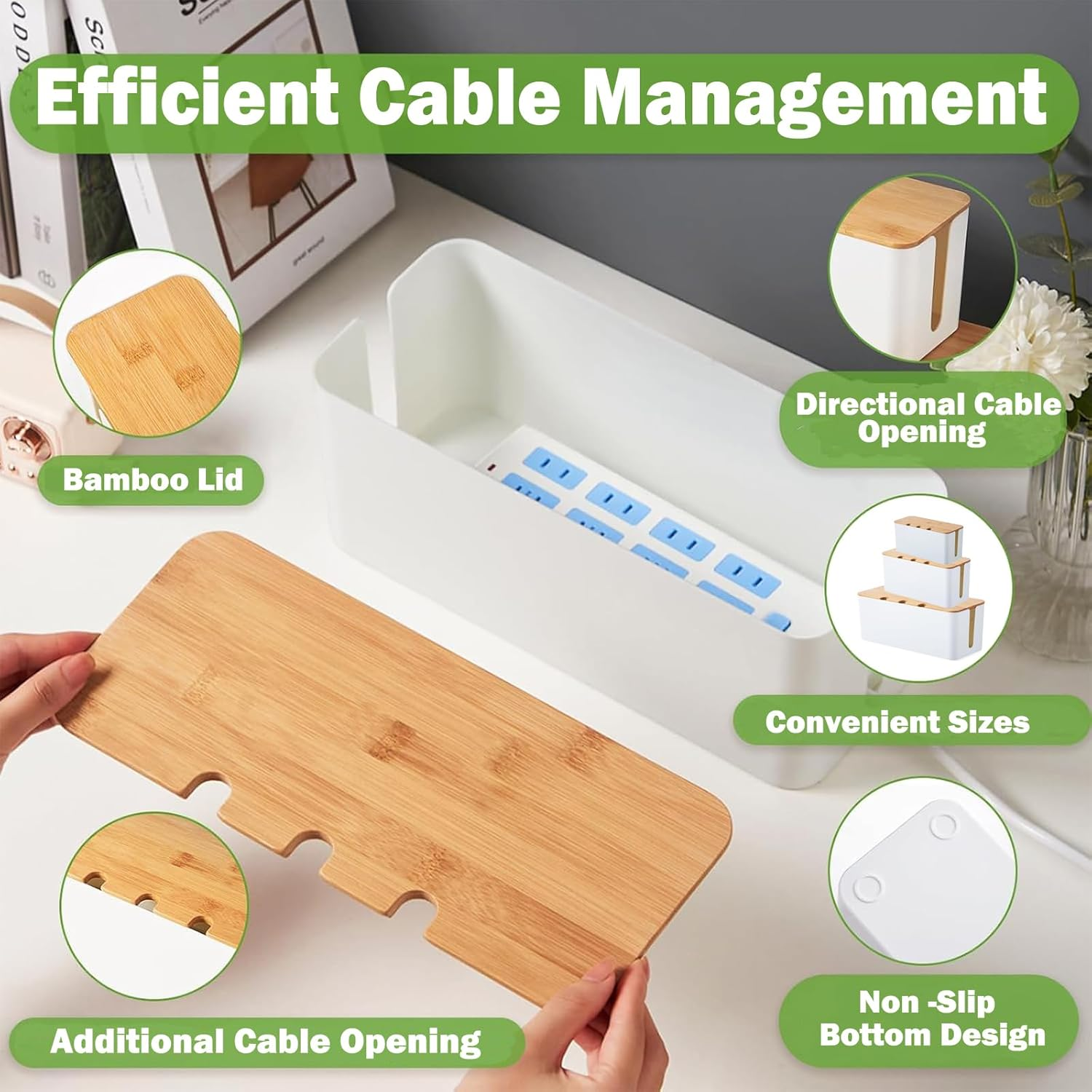 Cable Management Box - 3Pack Medium & Large Cord Organizer for Desk & Floor, Cable Organizer Box for Child & Pet - Cable Box Hider for Tidy Office & Home (Bamboo Print Lid, White Box, Pack of 3) image number 6