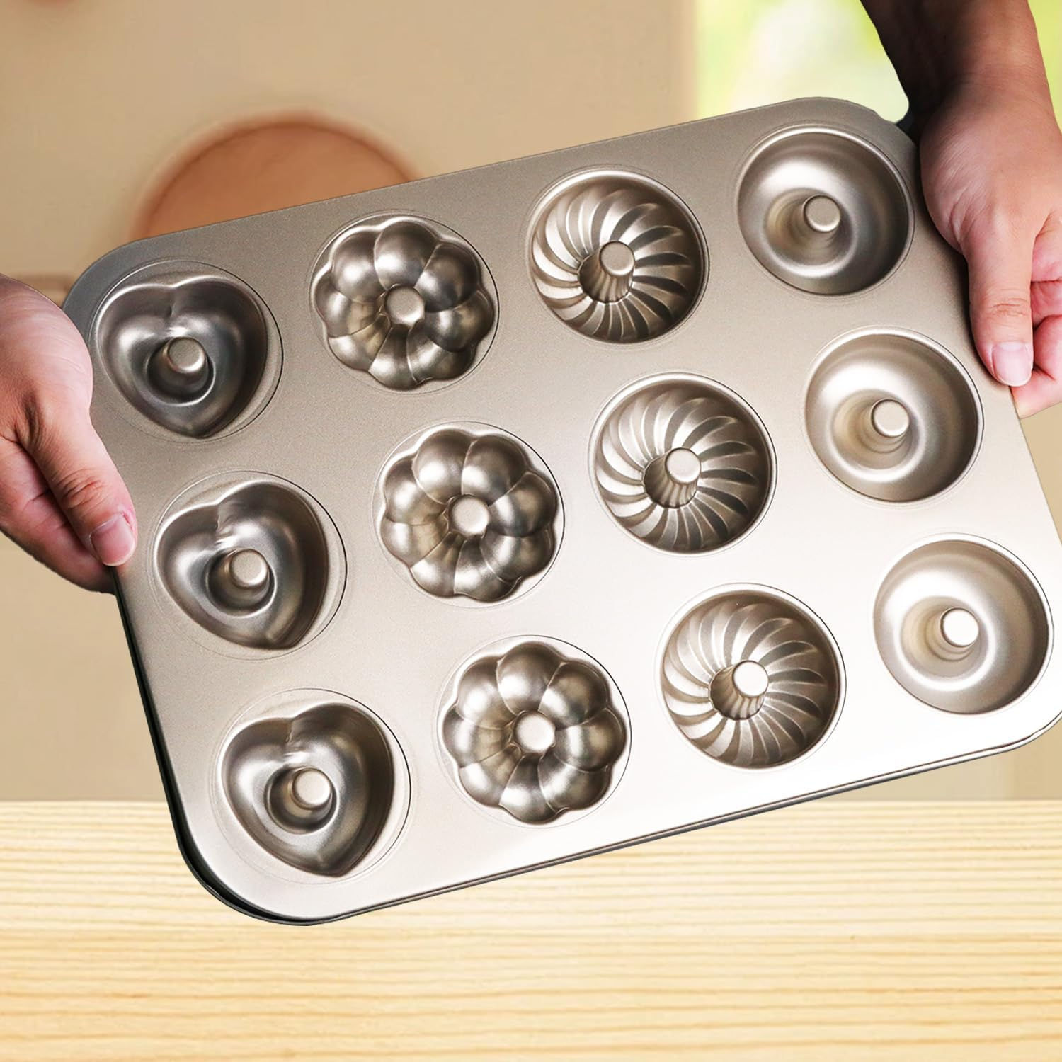 Kaoruo 12-Cavity Multi-Shaped Non-Stick Baking Pan &ndash; Heart, Flower & Swirl Donut Cake Mold, Versatile Bakeware Tray for Homemade Desserts & Pastries image number 2