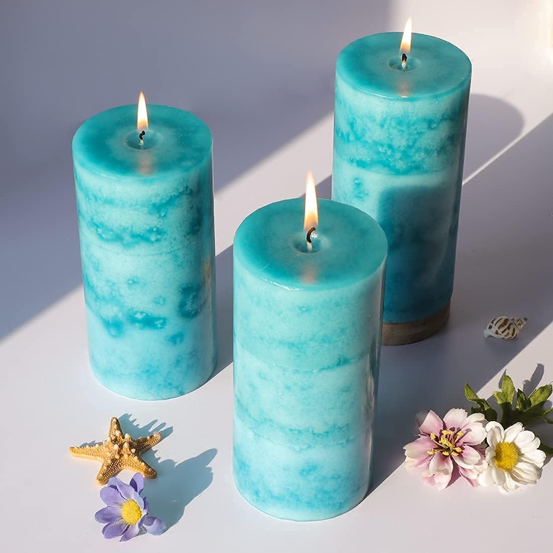 FLAVCHARM Pillar Scented Candles, Ocean Breeze, 3 Pack Teal 3X6 Inch Long-Lasting Clean Burning, Turquoise for Home D&eacute;cor, Bathroom, Wedding Decorations
