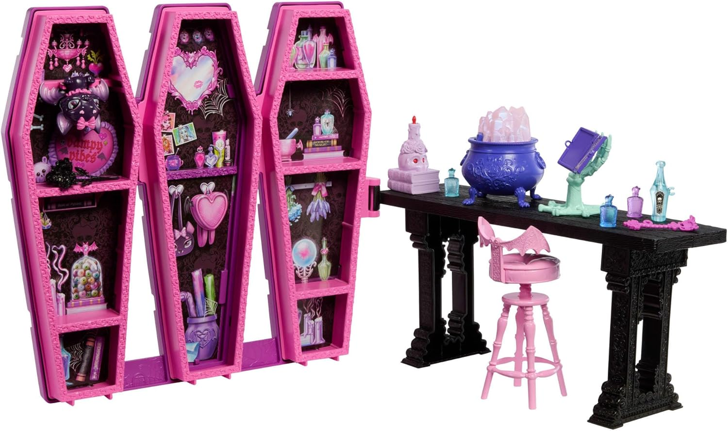Monster High Toys and Accessories, Draculaura Secret Potion Room Playset with Pet Bat Count Fabulous, 12+ Pieces, and Surprise Transformations