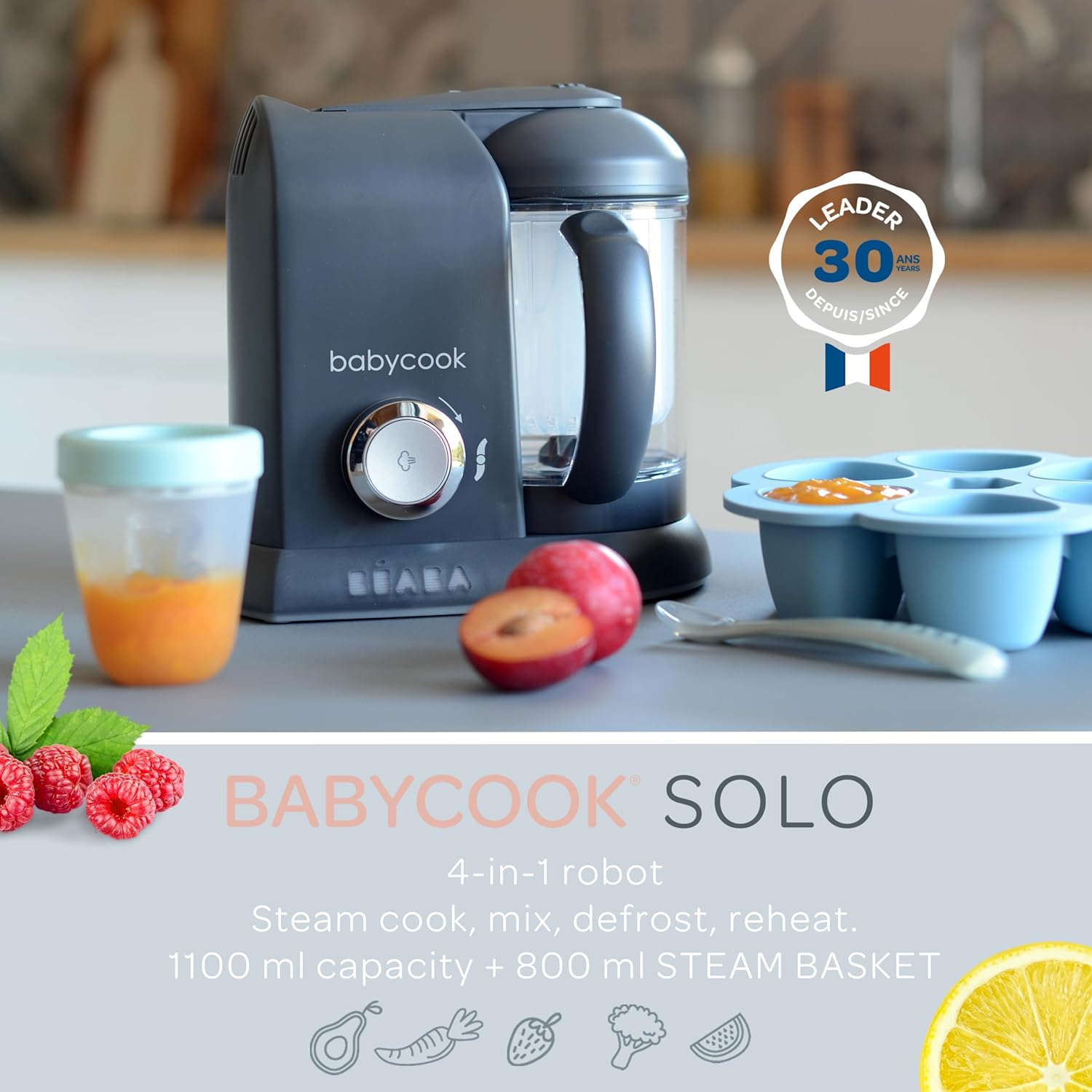 BEABA - Babycook Solo - Baby Food Maker - 4 in 1 : Baby Food Processor, Blender and Cooker - Soft Steamer Cooking - Quick - Food Diversification for Your Baby - Dark Grey - White image number 6