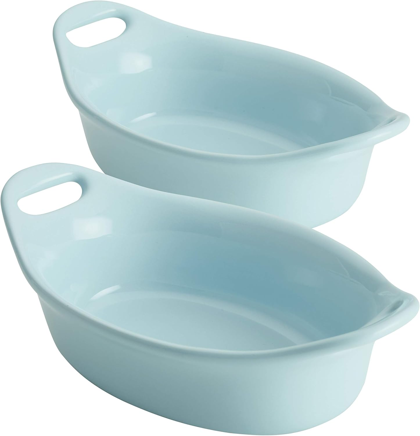 Rachael Ray Solid Glaze Ceramics Au Gratin Bakeware/Baker Set, Oval - 2 Piece, Light Blue