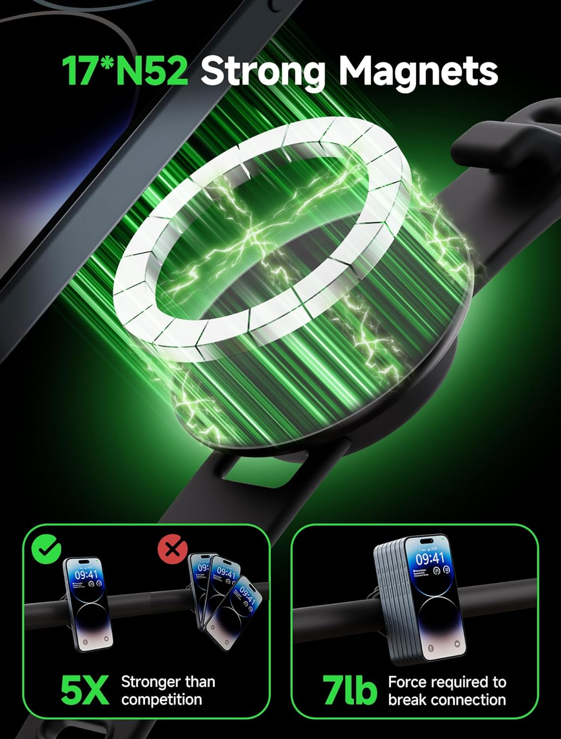 Gliship Magnetic Bar Mount, Gym Fitness Phone Mount for Magsafe, Steering Wheel Phone Holder with Adjustable Strap,Fit for Gym, Stroller, Wrist, Shopping Cart, Exercise Bikes, 17 N52 Strong Magnets image number 4